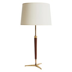 Mid-Century Brown Leather and Brass Table Lamp