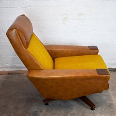 Mid-Century Brown Leather and Mustard Textured Fabric Armchair, 1970s