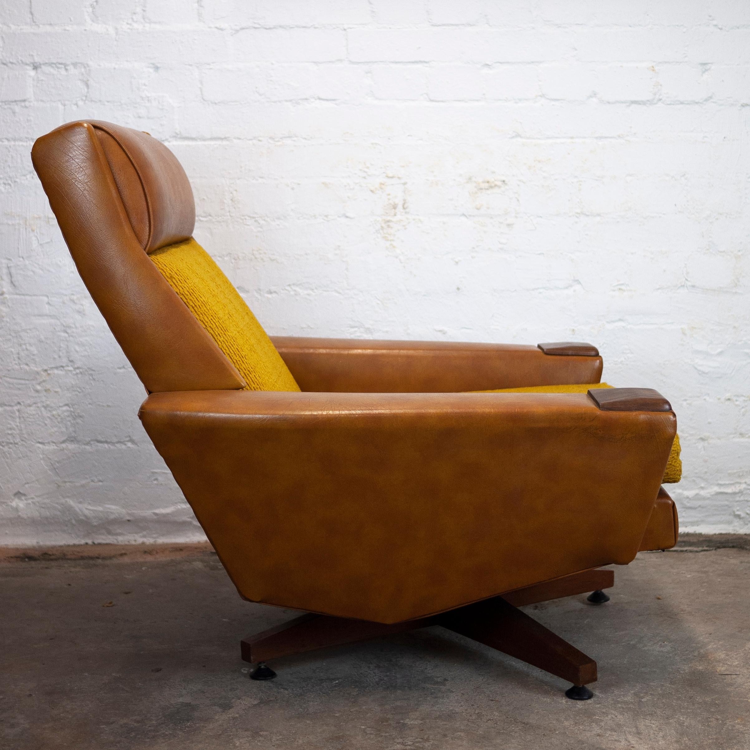 Mid-Century Modern Mid-Century Brown Leather and Mustard Textured Fabric Armchair, 1970s For Sale