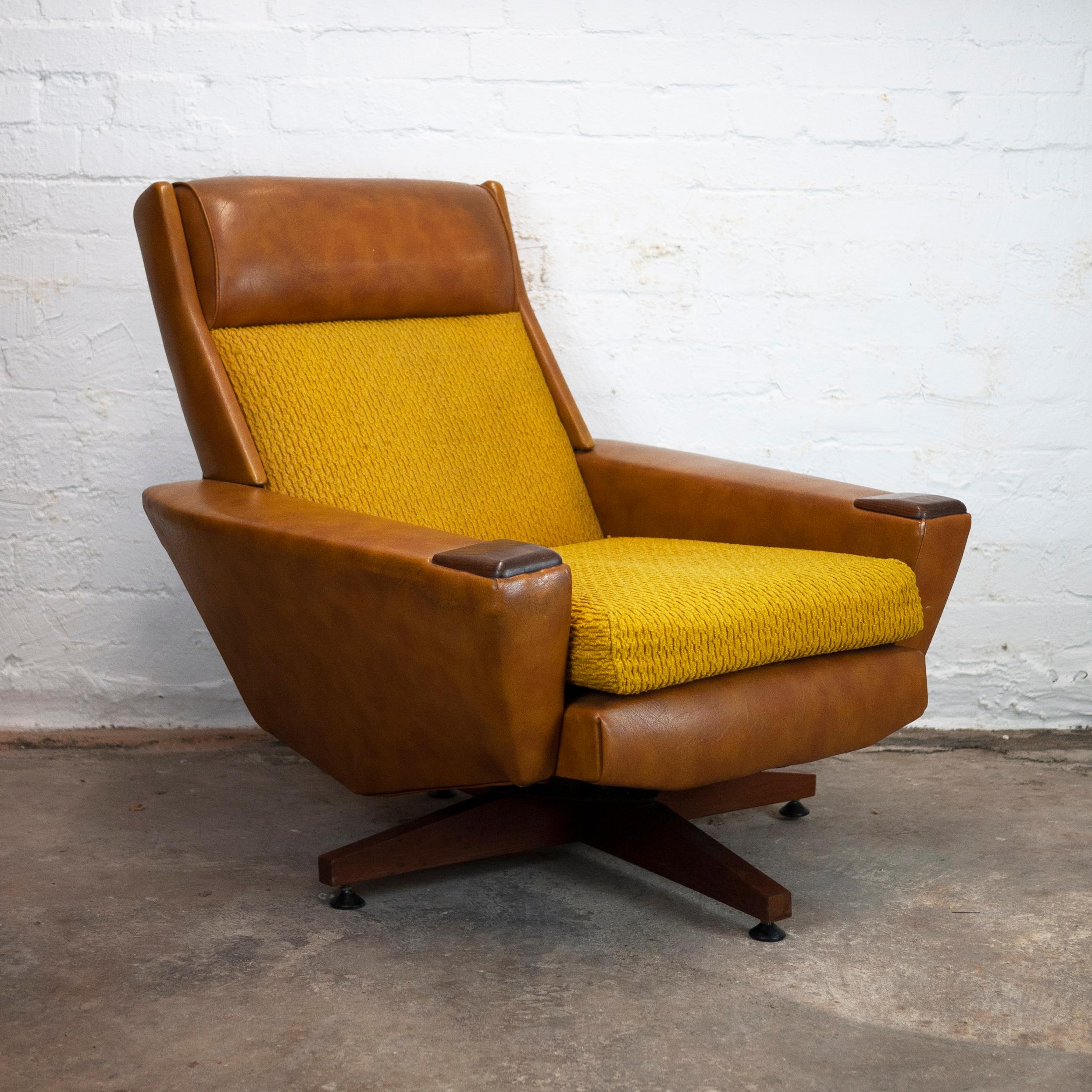 Late 20th Century Mid-Century Brown Leather and Mustard Textured Fabric Armchair, 1970s For Sale