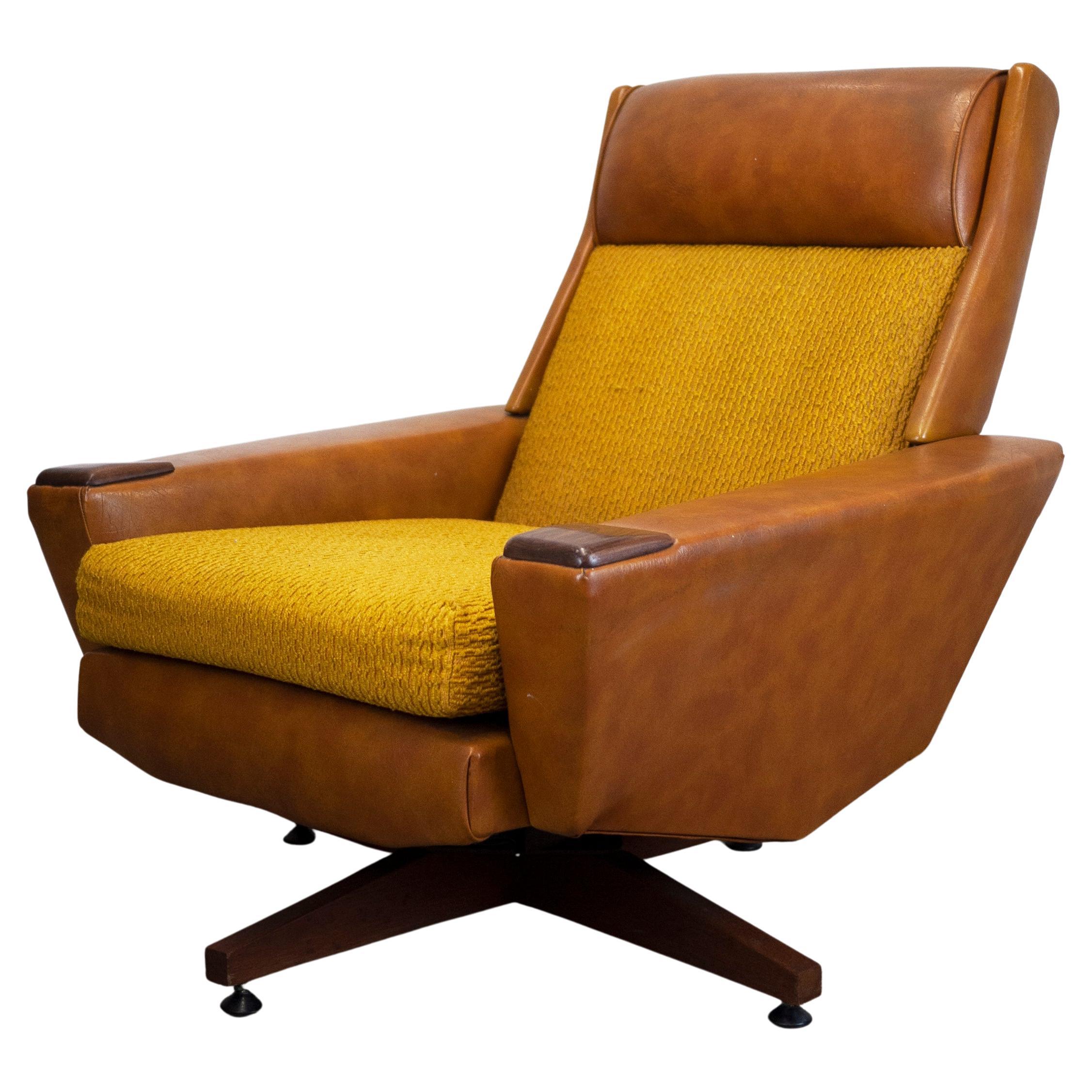 Mid-Century Brown Leather and Mustard Textured Fabric Armchair, 1970s