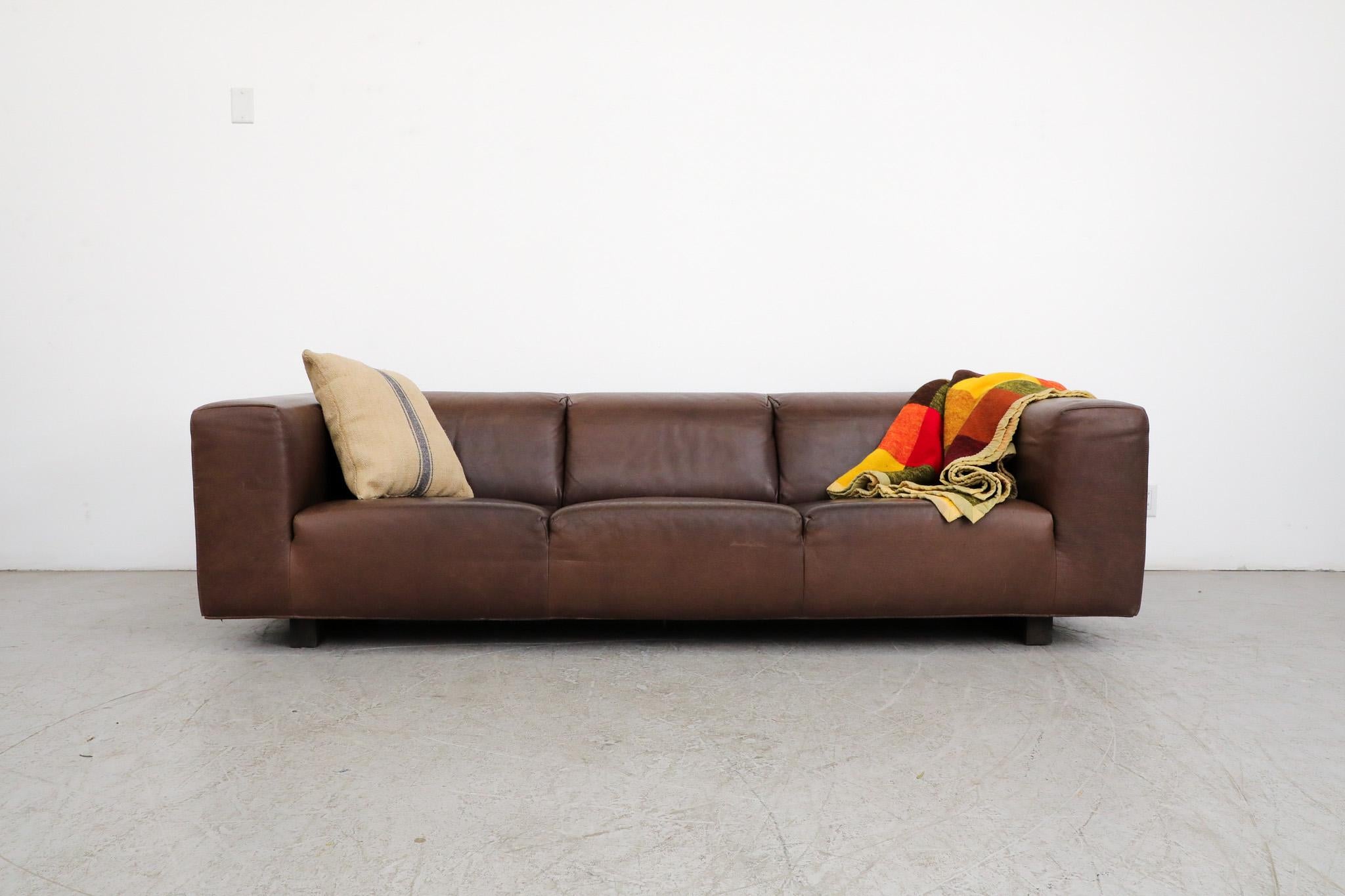 Large Mid-Century 'Bommel' sofa by Gerard van den Berg for LABEL, 1985. Attractive three-seater sofa with thick brown leather and wood feet. Ideal sofa for watching movies or sleeping. In original condition with some visible wear and lovely patina