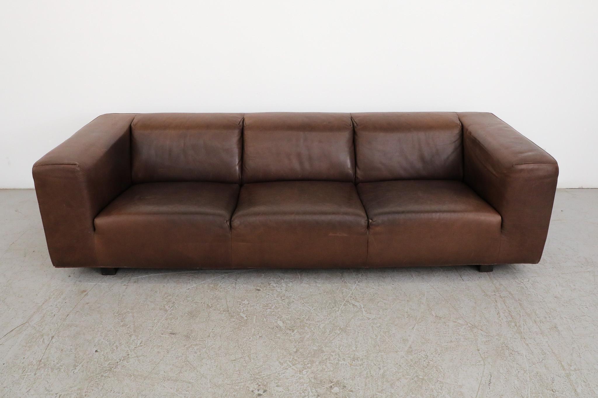 Dutch Mid-Century Brown Leather 'Bommel' Sofa by Gerard van den Berg for LABEL, 1985
