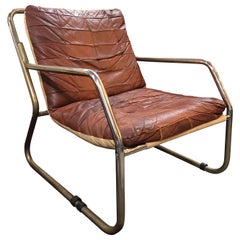 Chaise en cuir brun du milieu du siècle avec cadre en métal
