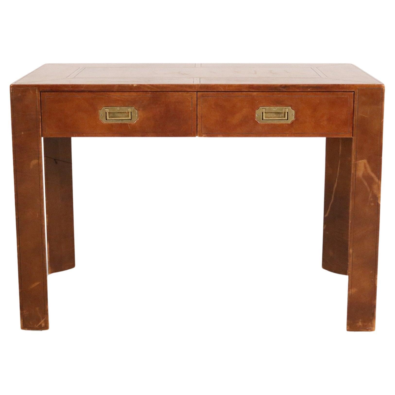 Mid-Century Brown Leather Covered 2-Drawer Desk