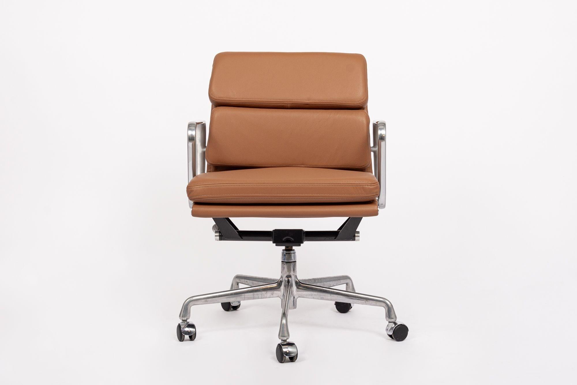 Mid-Century Modern Eames Herman Miller Brown Leather Desk Chair Soft Pad 2000s For Sale