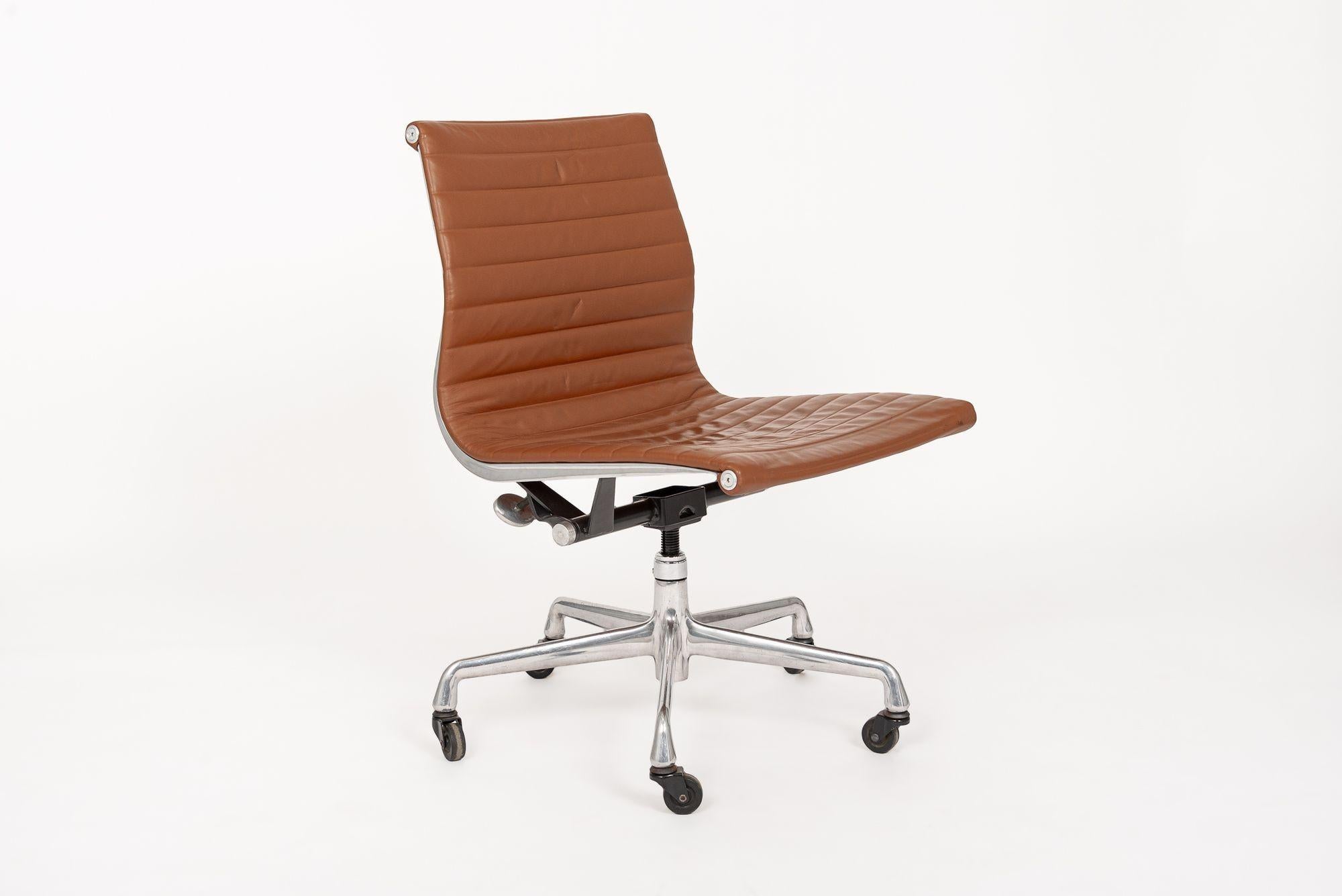 Aluminum Herman Miller Eames Brown Leather Office Chair Thin Pad For Sale