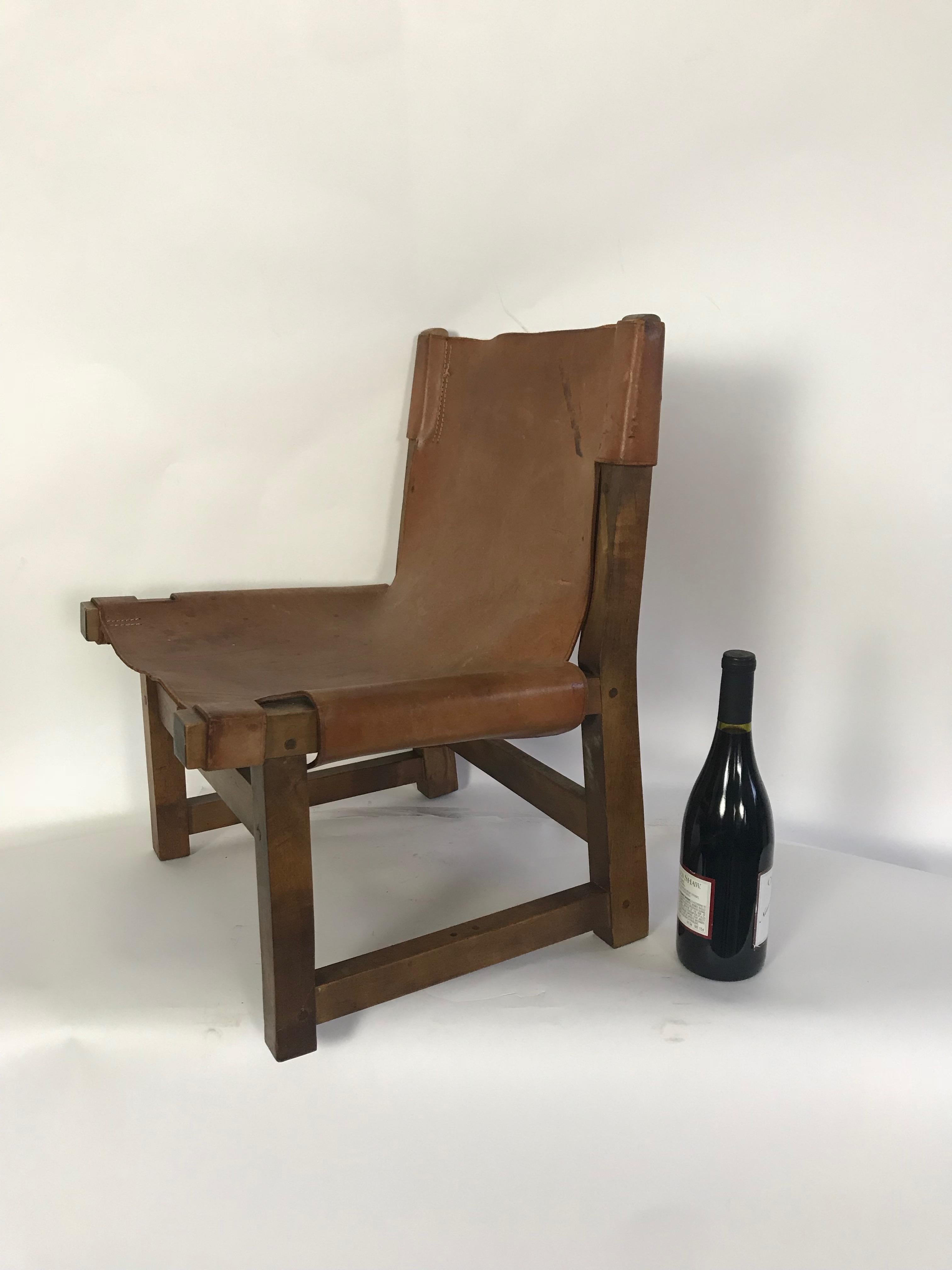 Mid-Century Brown Leather Spanish Fireplace Chair 4
