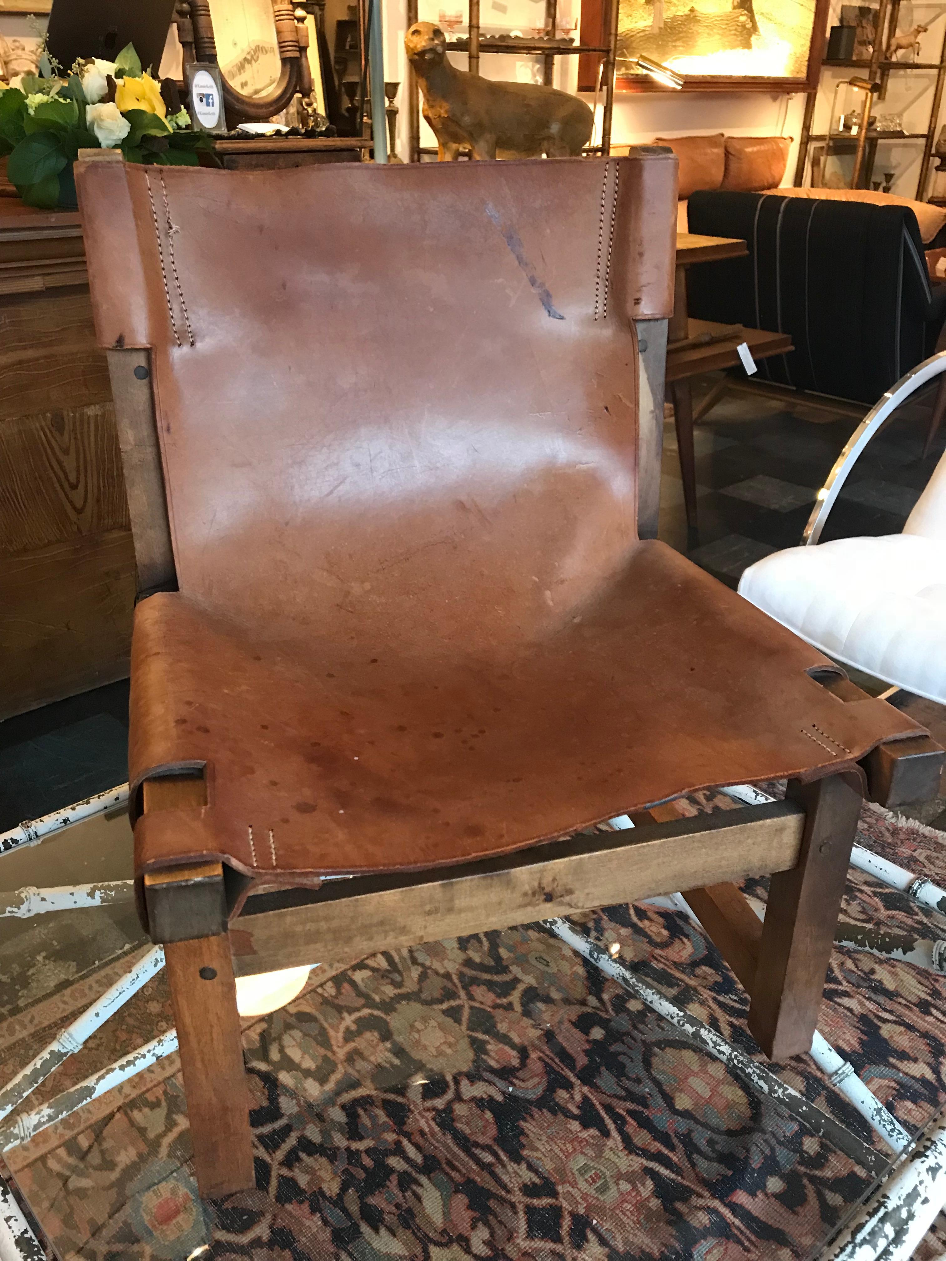 Mid-Century Brown Leather Spanish Fireplace Chair 7