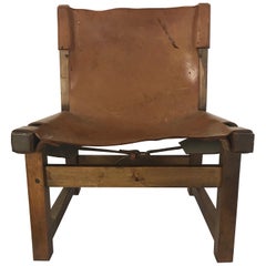 Mid-Century Brown Leather Spanish Fireplace Chair