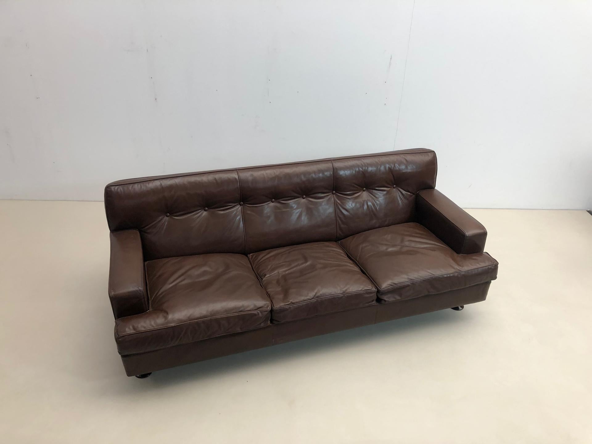 Mid-Century Brown Leather Square Sofa by Marco Zanuso for Arflex, 1960s In Good Condition For Sale In Brussels, BE