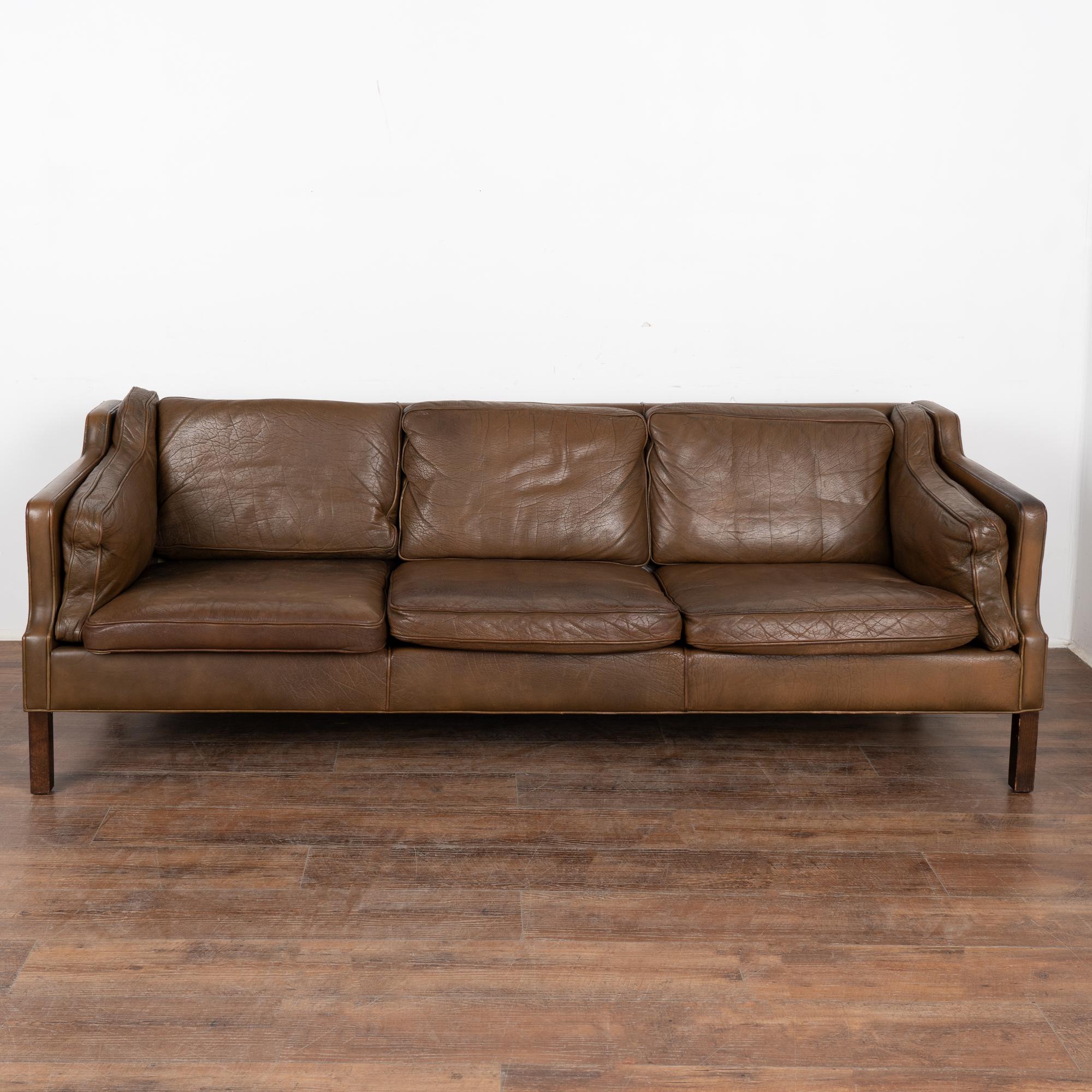 Mid-Century Modern Mid Century Brown Leather Three Seat Sofa, Denmark circa 1960-70 For Sale