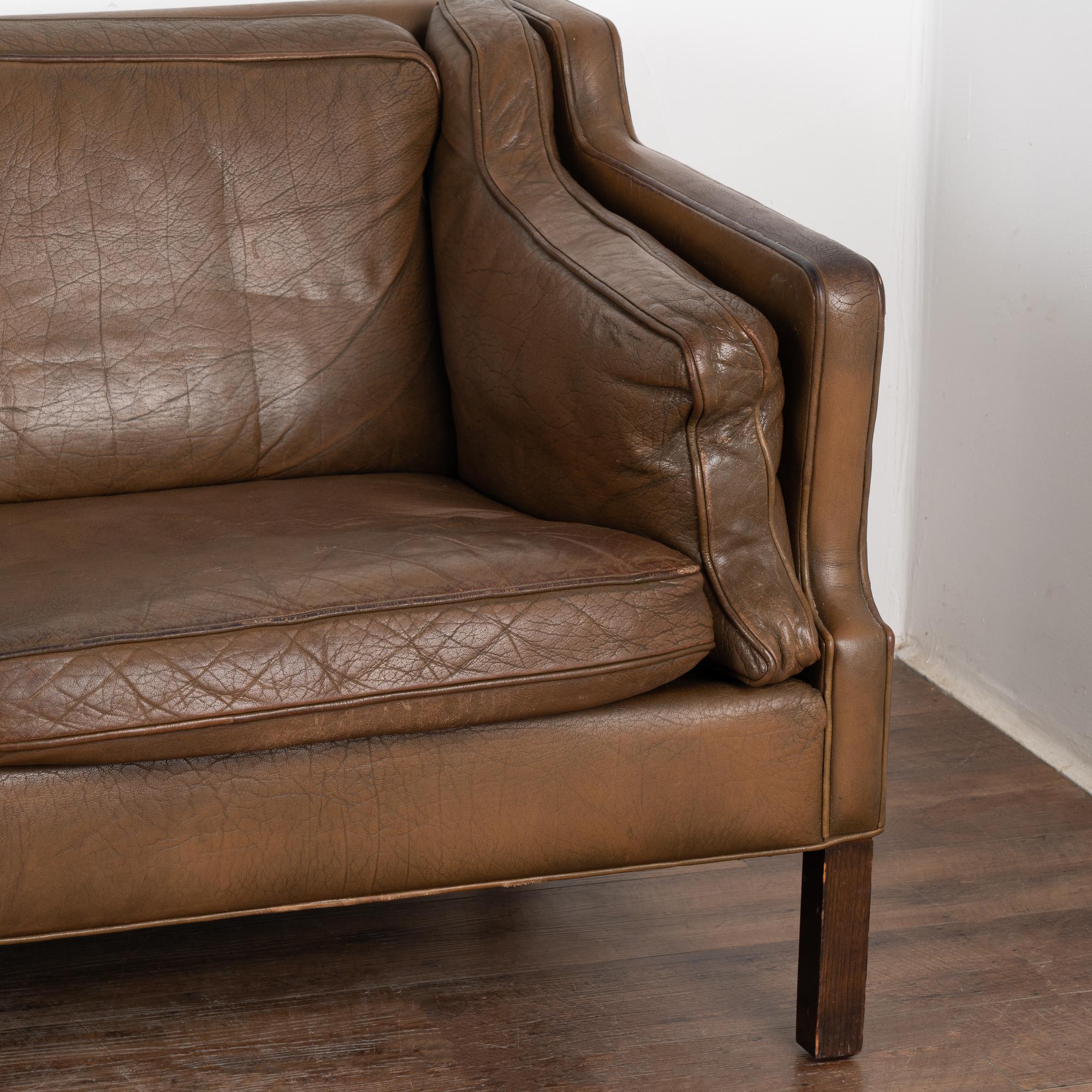 Mid Century Brown Leather Three Seat Sofa, Denmark circa 1960-70 For Sale 1