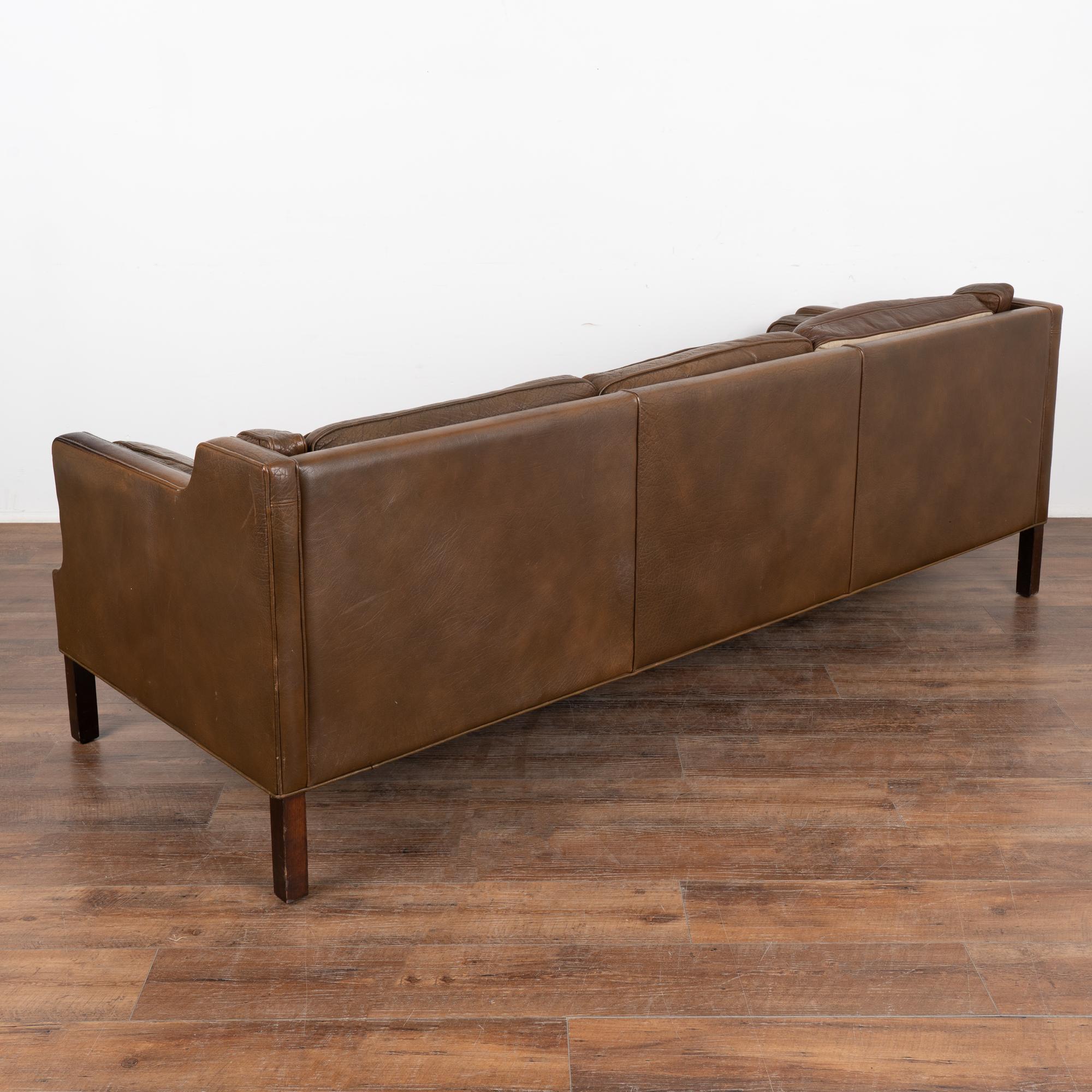 Mid Century Brown Leather Three Seat Sofa, Denmark circa 1960-70 For Sale 3