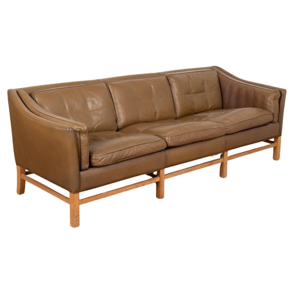 Midcentury Brown Leather Three Seat Sofa, Denmark, circa 1960-70