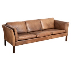 Mid Century Brown Leather Three Seat Sofa, Denmark