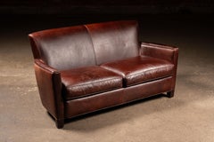 Mid-Century Brown Leather Two-Seat Sofa with Low Profile Frame