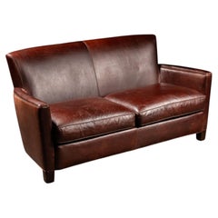Mid-Century Brown Leather Two-Seat Sofa with Low Profile Frame