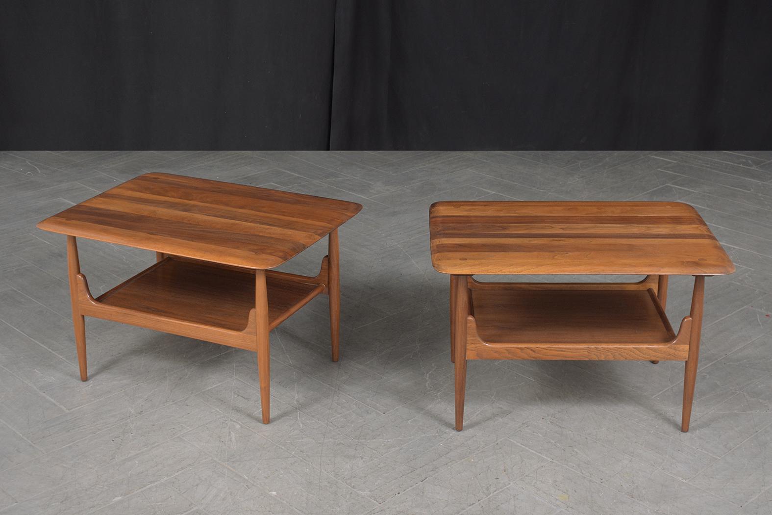 Dive into the world of 1960s elegance with our handcrafted Mid-Century Modern side tables, made from premium walnut wood. These vintage Brown Saltman tables, having been lovingly restored by our dedicated in-house team, boast great condition. Each