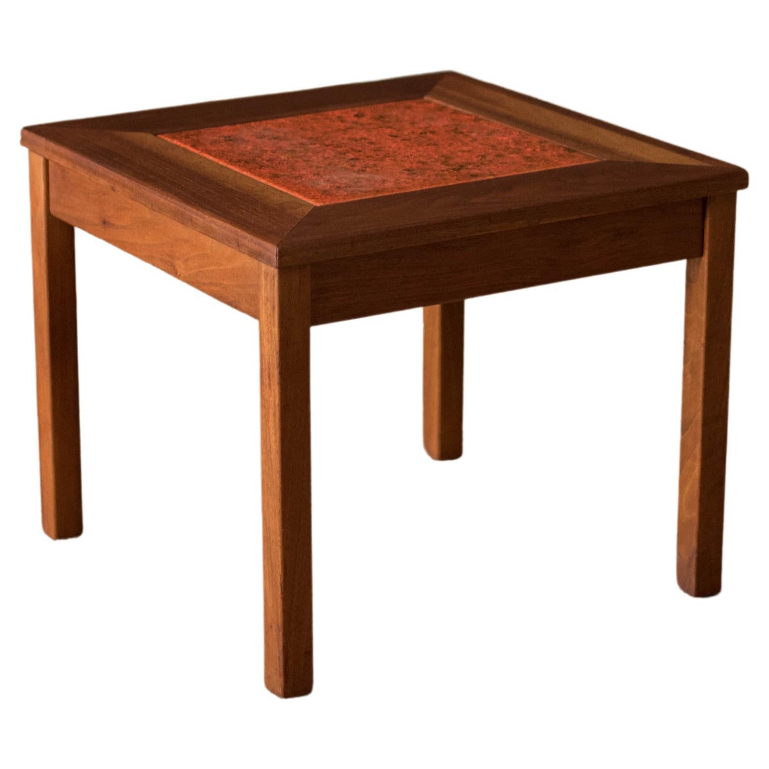 Mid Century Brown Saltman Walnut and Copper Enamel End Table by John Keal For Sale