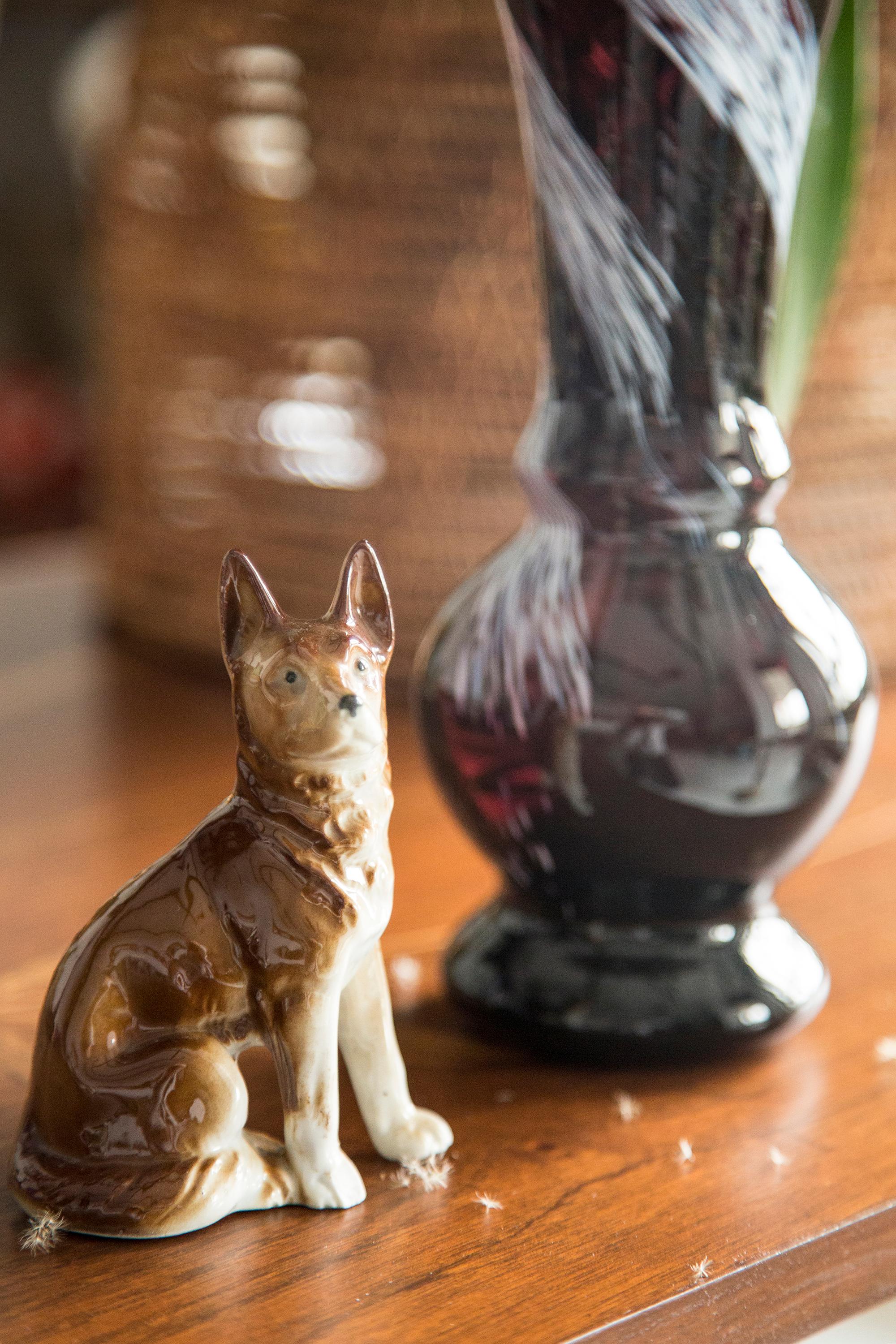 Hand-Painted Midcentury Brown Shepherd Ceramic Dog Sculpture, Europe, 1960s For Sale