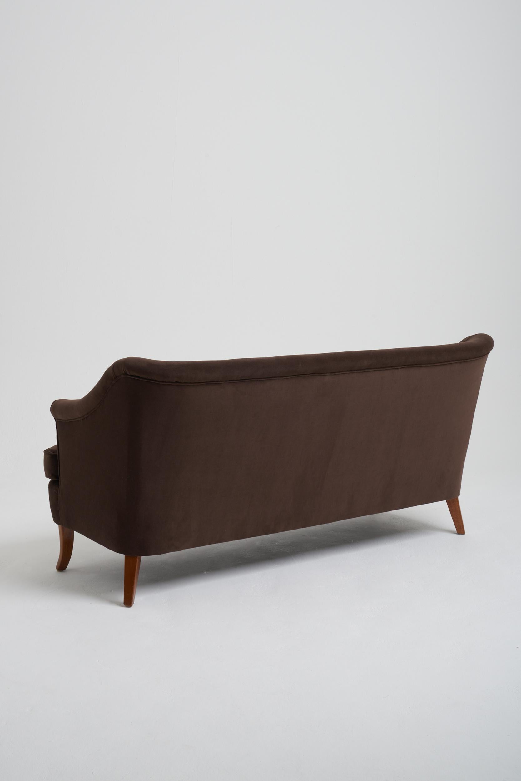 Swedish Mid-Century Brown Velvet Sofa