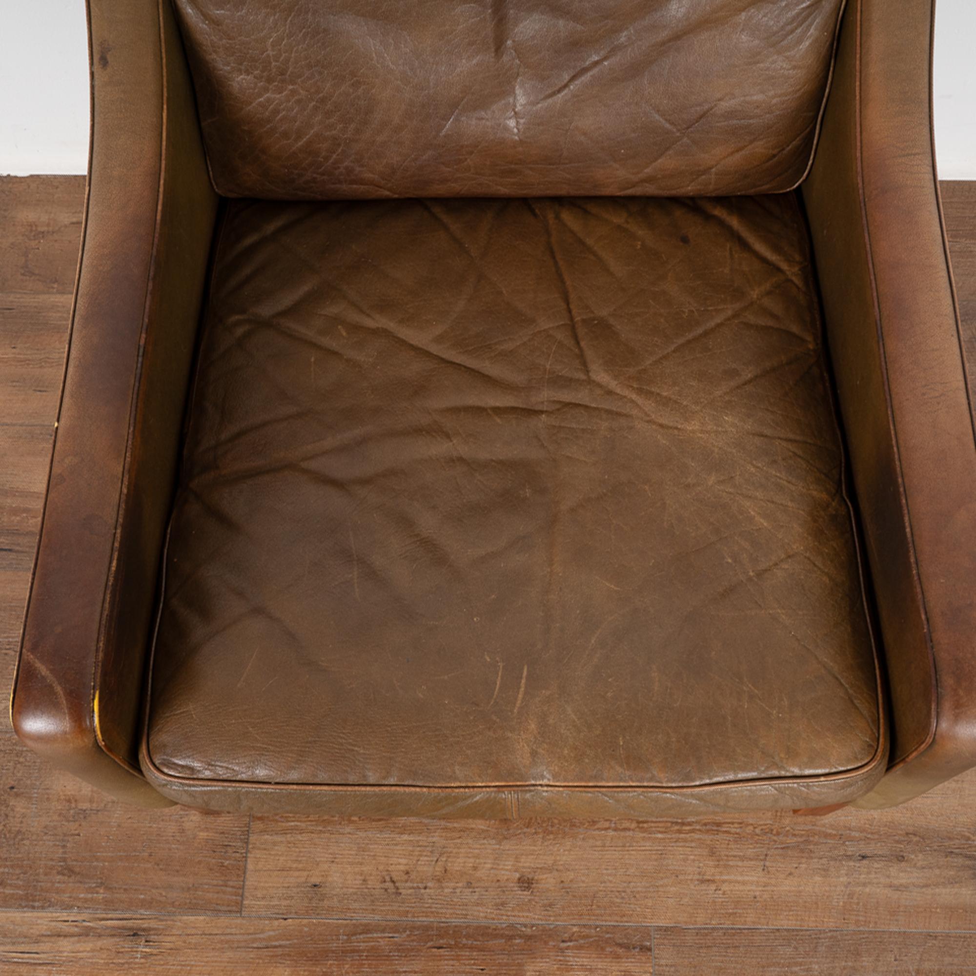 Danish Mid Century Brown Vintage Leather Arm Chair, Denmark circa 1960-70 For Sale