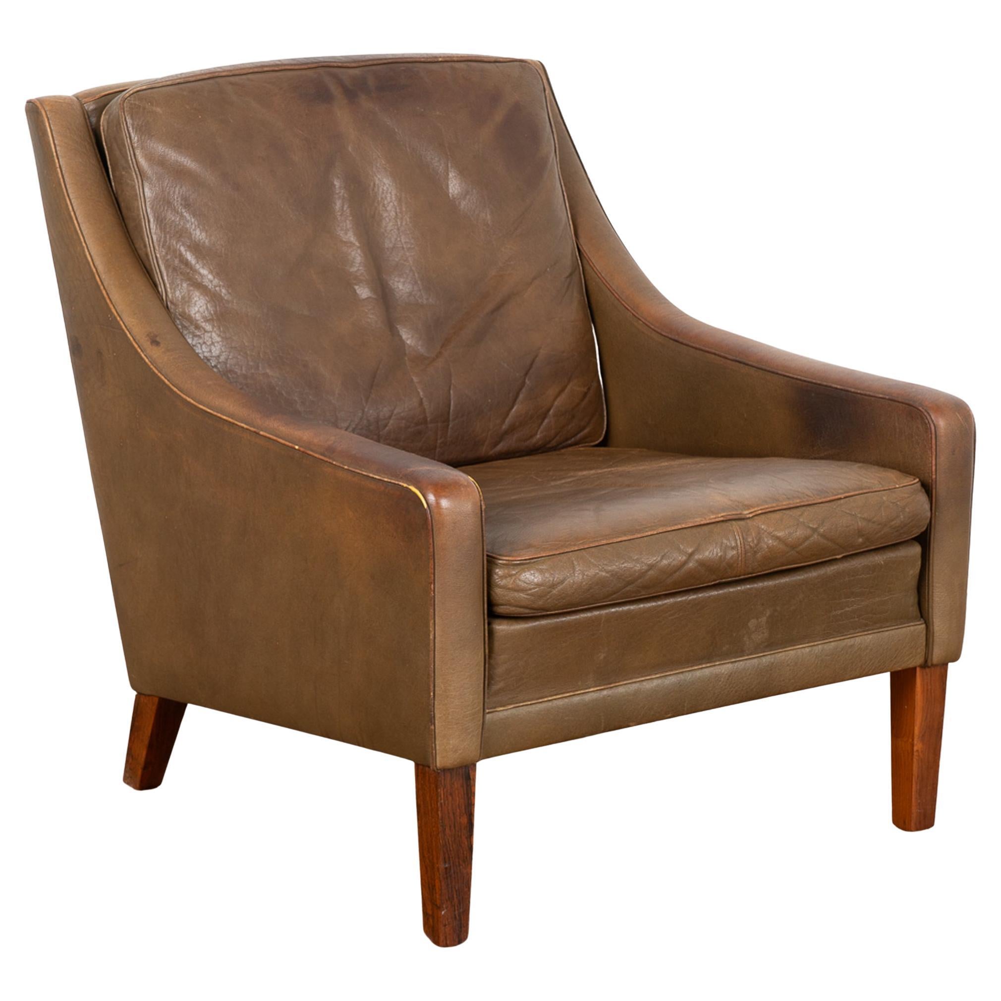 Mid Century Brown Vintage Leather Arm Chair, Denmark circa 1960-70 For Sale