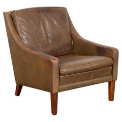 Mid Century Brown Retro Leather Arm Chair, Denmark circa 1960-70