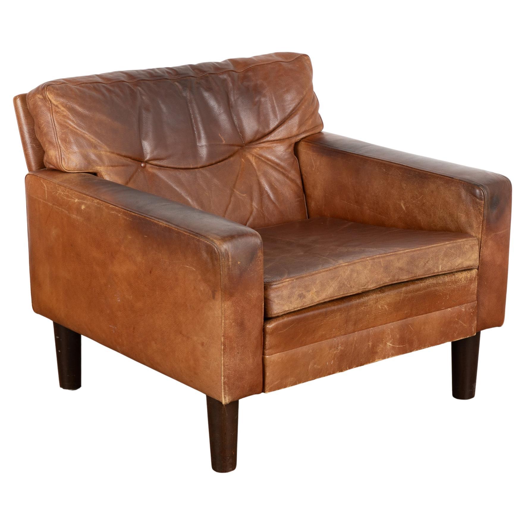 Mid Century Brown Vintage Leather Arm Chair, Denmark circa 1960 For Sale