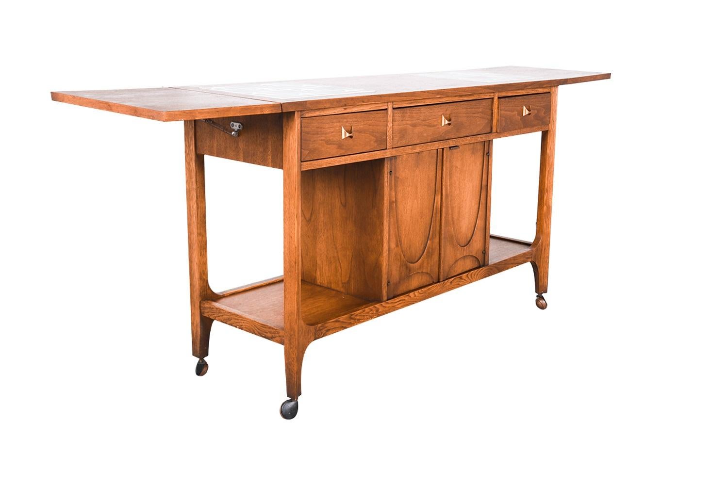 Mid Century Broyhill Brasilia Drop Leaf Tile Top Bar Cart Console Table In Good Condition In Baltimore, MD