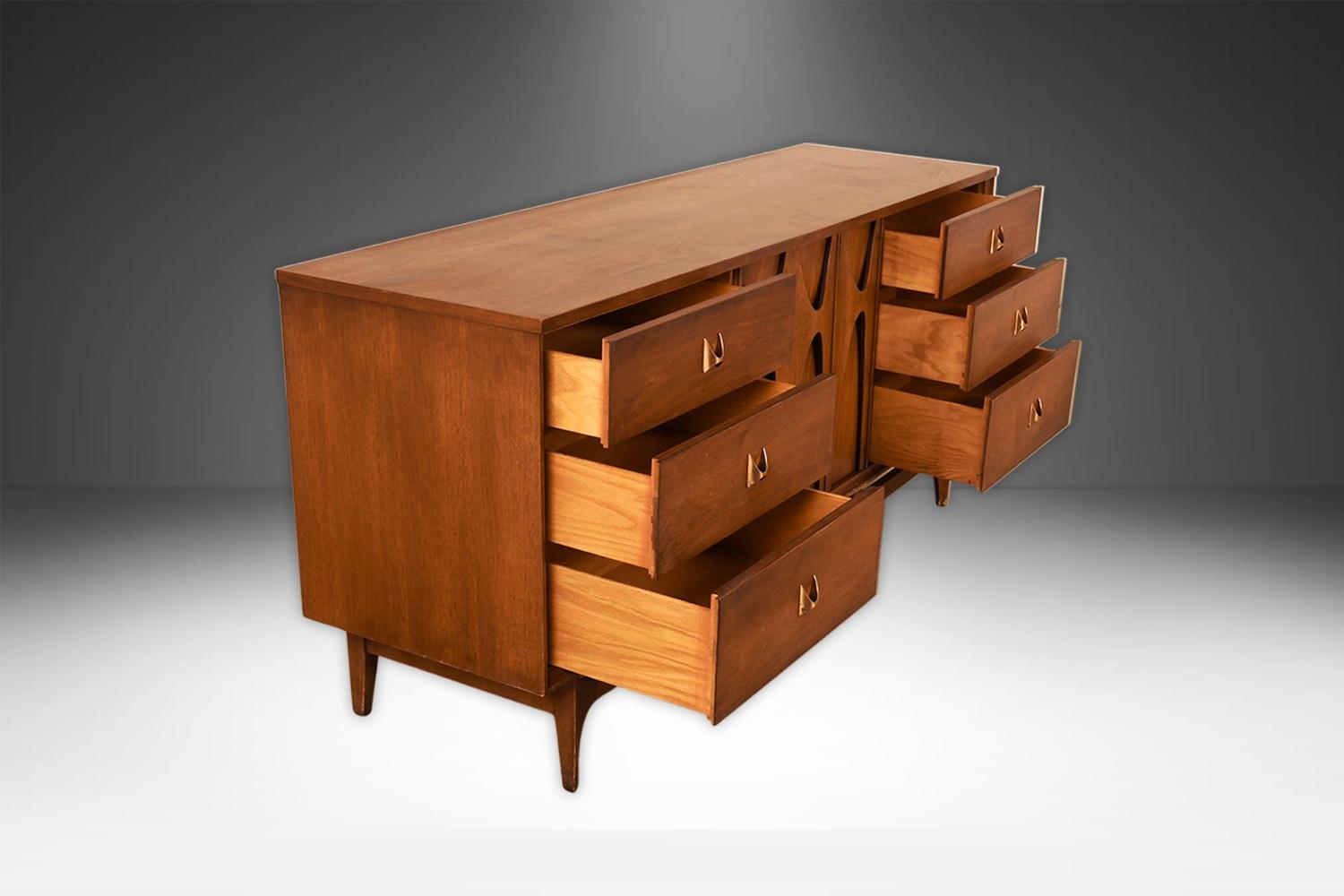 Brass Mid Century Broyhill Walnut Credenza Dresser For Sale