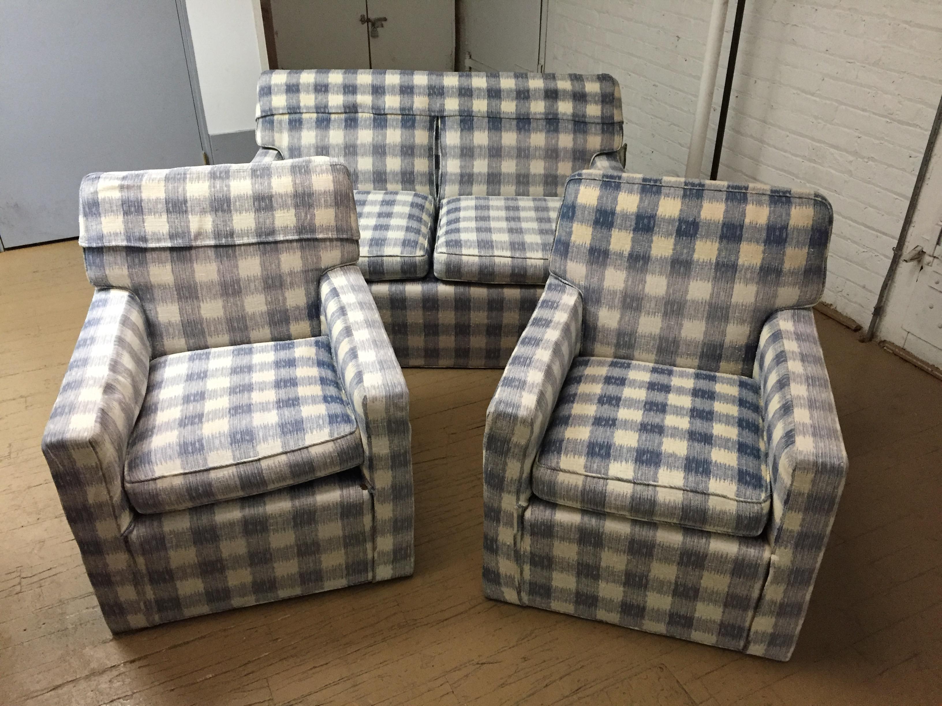 Mid-Century Brunschwig & Fils Upholstered Kravet Furniture Armchairs
 and matching love seat sold elsewhere in my shop.
These fine armchairs are constructed of the finest Kravet frame, and upholstered in soft blue and cream brunschwig & fils checked