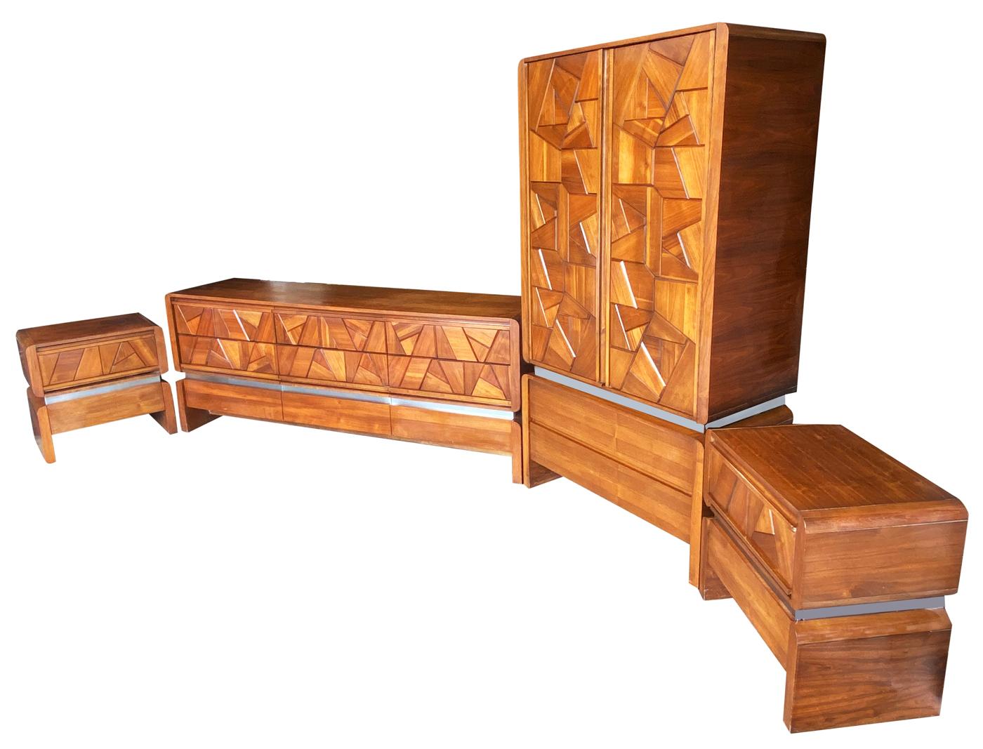 Mid-Century Modern Mid Century Brutalist Modern Bedroom Set with Sculpted Fronts in Walnut