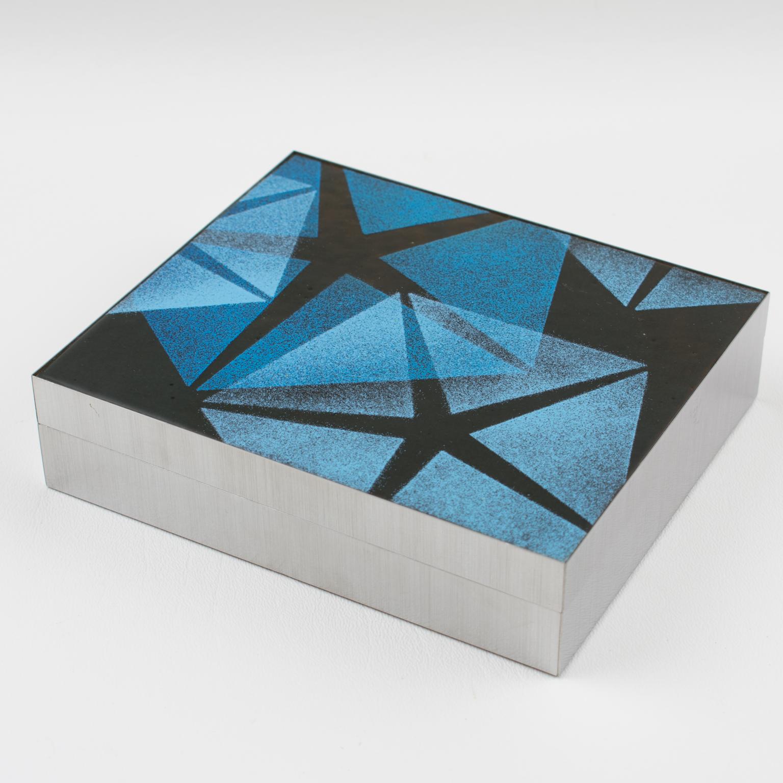 Box aus gebürstetem Aluminium und blauer Emaille aus der Jahrhundertmitte, 1970er Jahre im Angebot 5