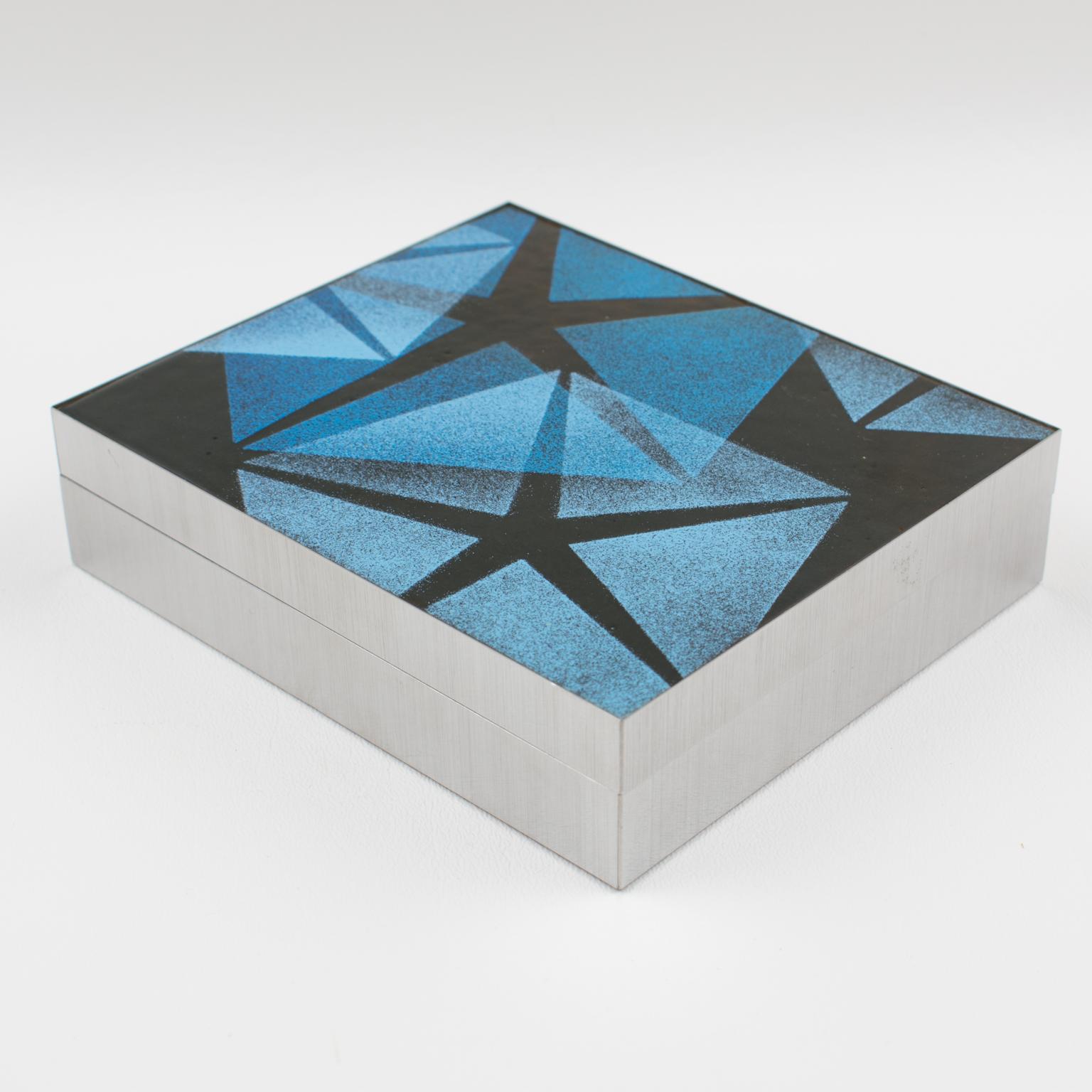 Mid-Century Modern Mid-Century Brushed Aluminum and Blue Enamel Box, 1970s For Sale