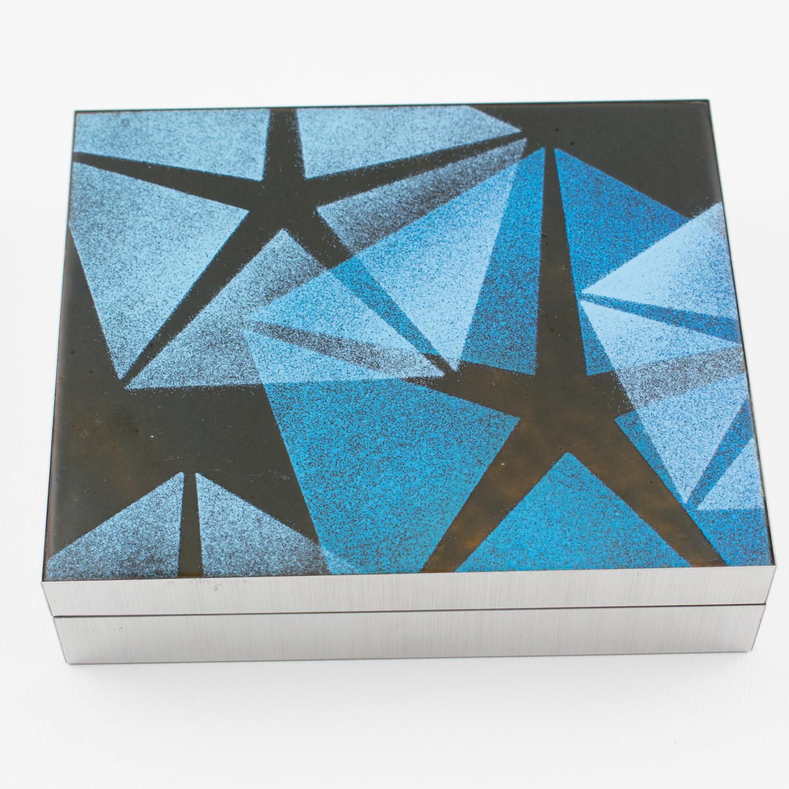 Mid-Century Brushed Aluminum and Blue Enamel Box, 1970s In Excellent Condition For Sale In Atlanta, GA