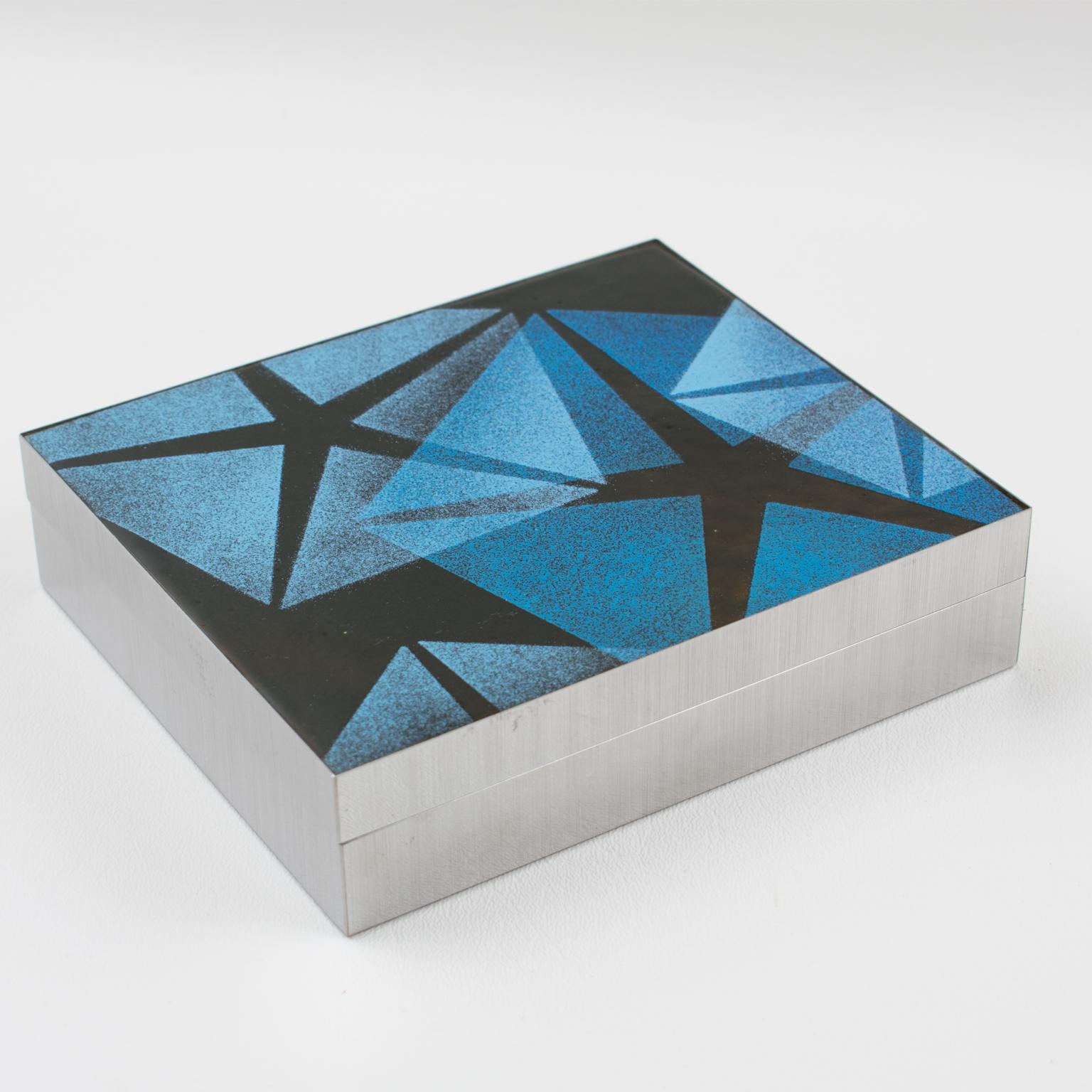Metal Mid-Century Brushed Aluminum and Blue Enamel Box, 1970s For Sale