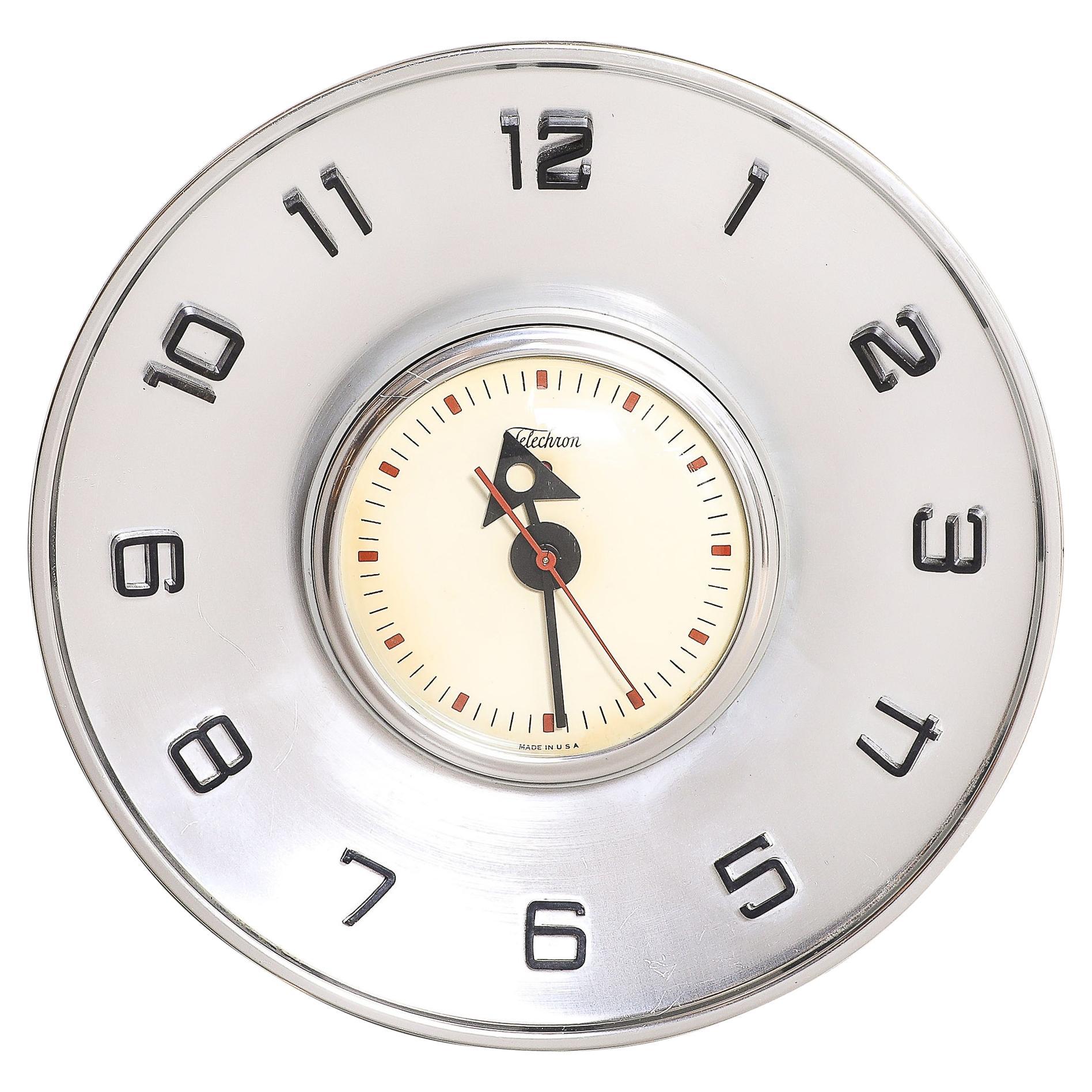 Mid-Century Brushed Aluminum 
Bakelite Telechron Saucer Wall Clock Model 2H101