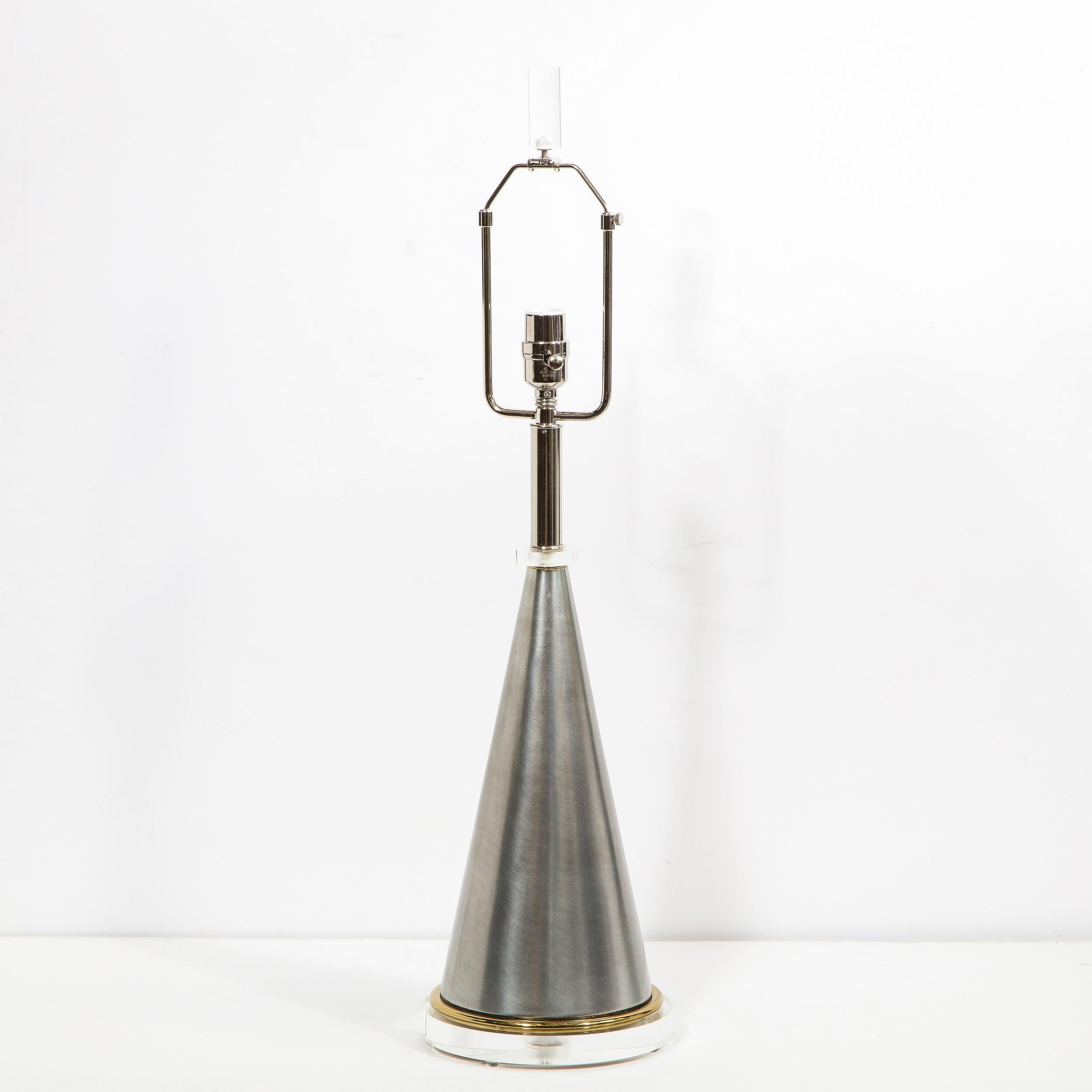 Midcentury Brushed Aluminum, Brass and Translucent Lucite Conical Table Lamps 6