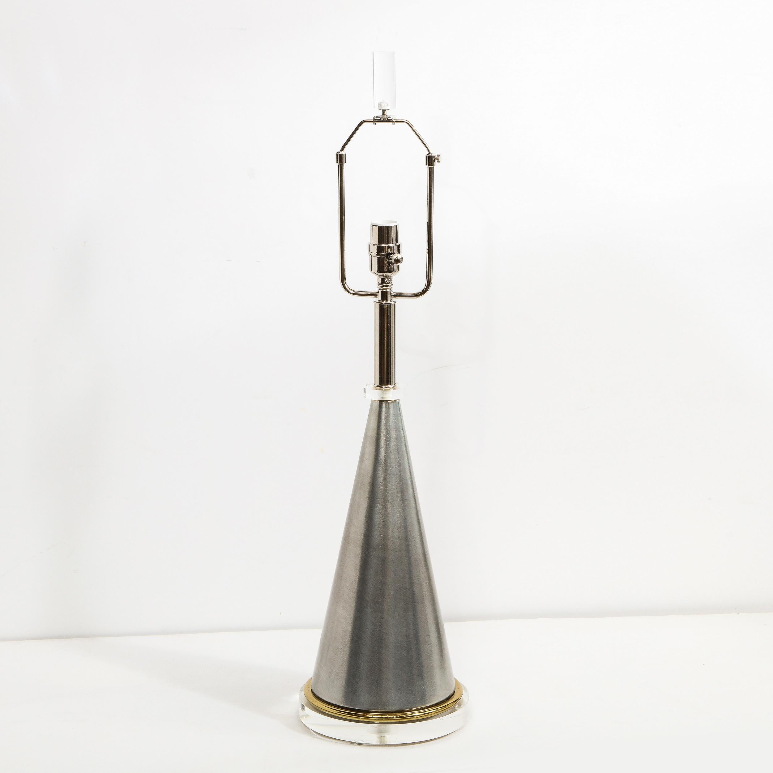 Midcentury Brushed Aluminum, Brass and Translucent Lucite Conical Table Lamps 7