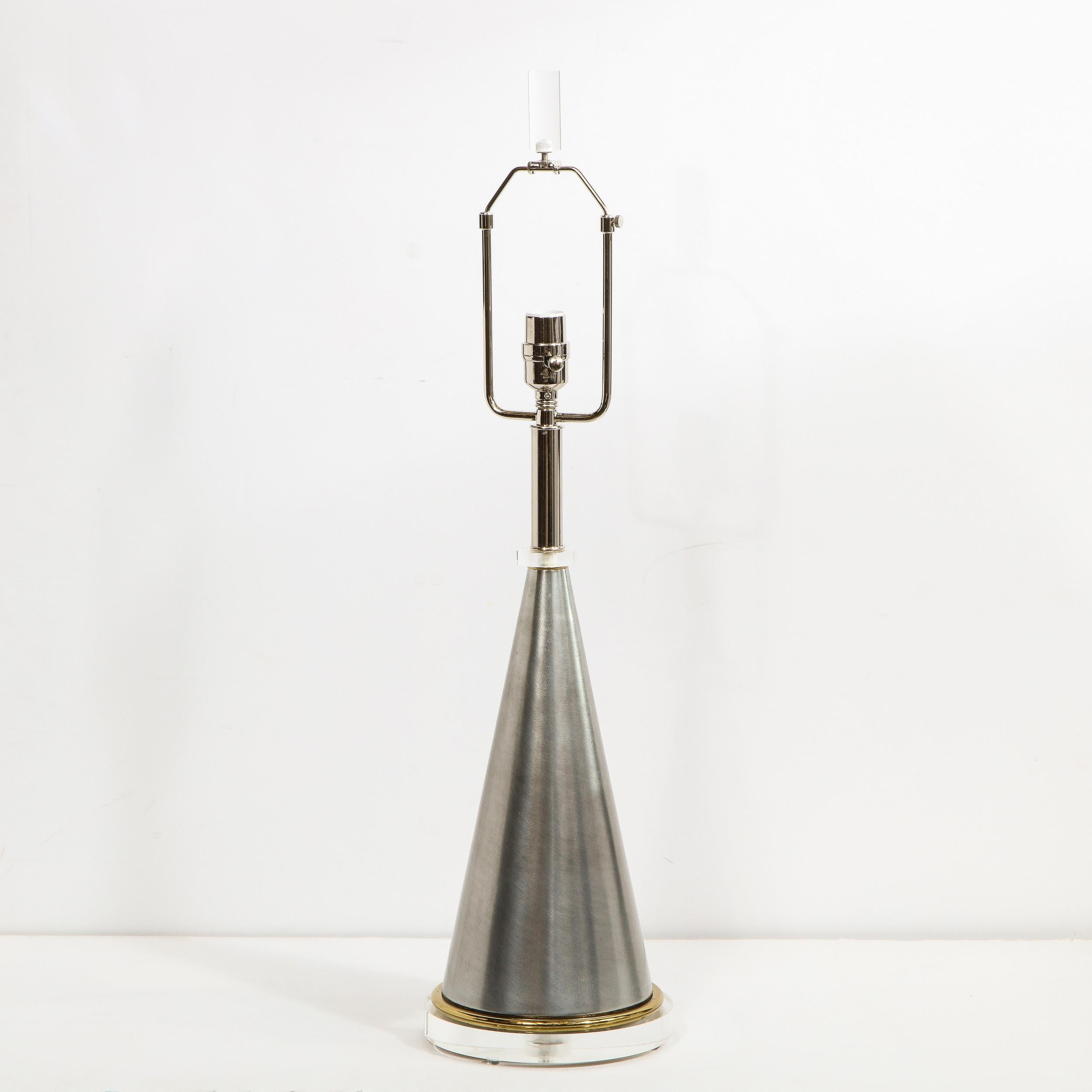 Midcentury Brushed Aluminum, Brass and Translucent Lucite Conical Table Lamps 8
