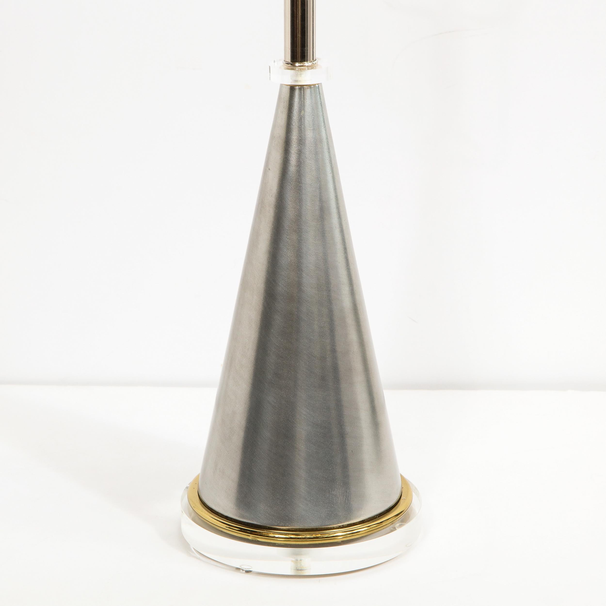 Midcentury Brushed Aluminum, Brass and Translucent Lucite Conical Table Lamps 9