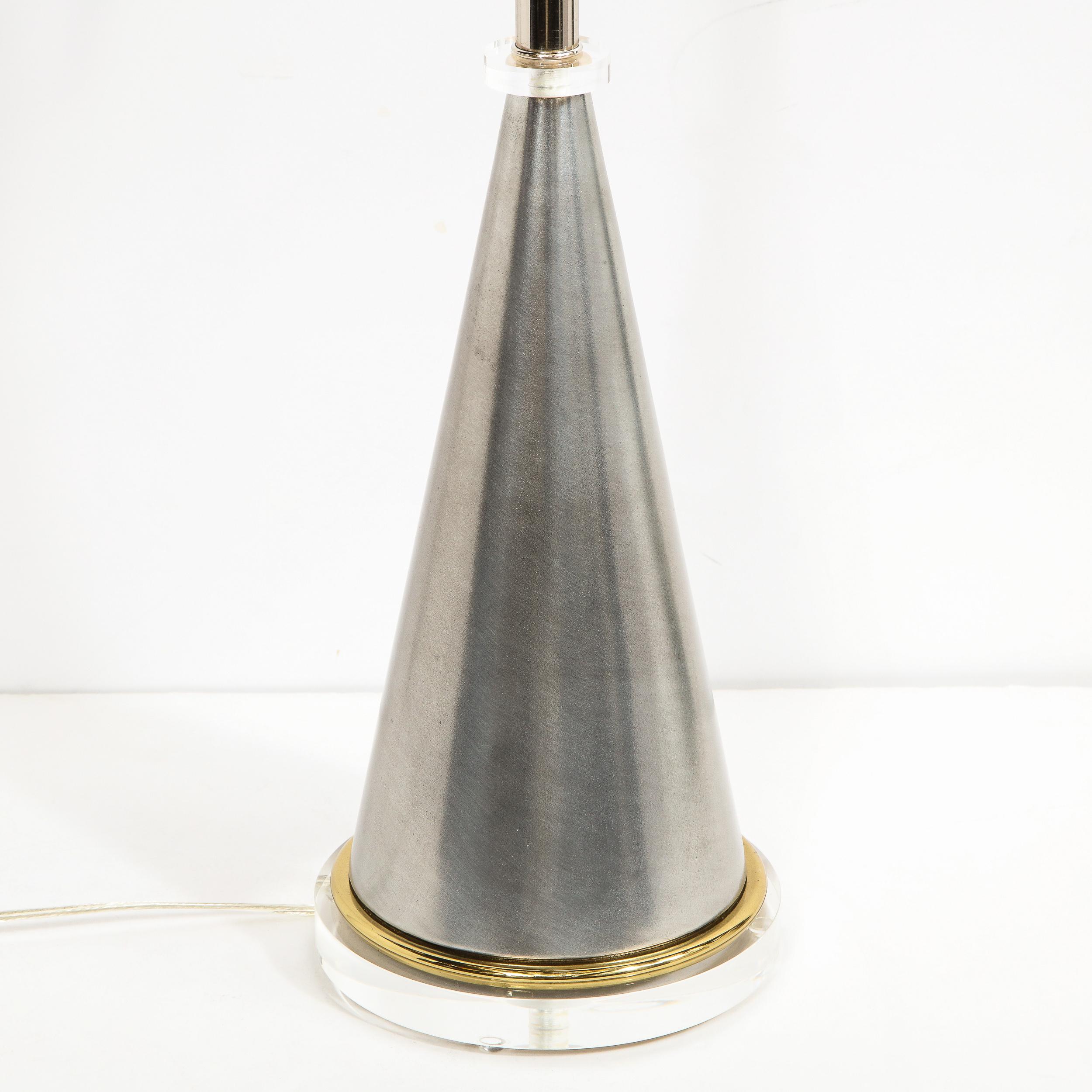 Midcentury Brushed Aluminum, Brass and Translucent Lucite Conical Table Lamps 10