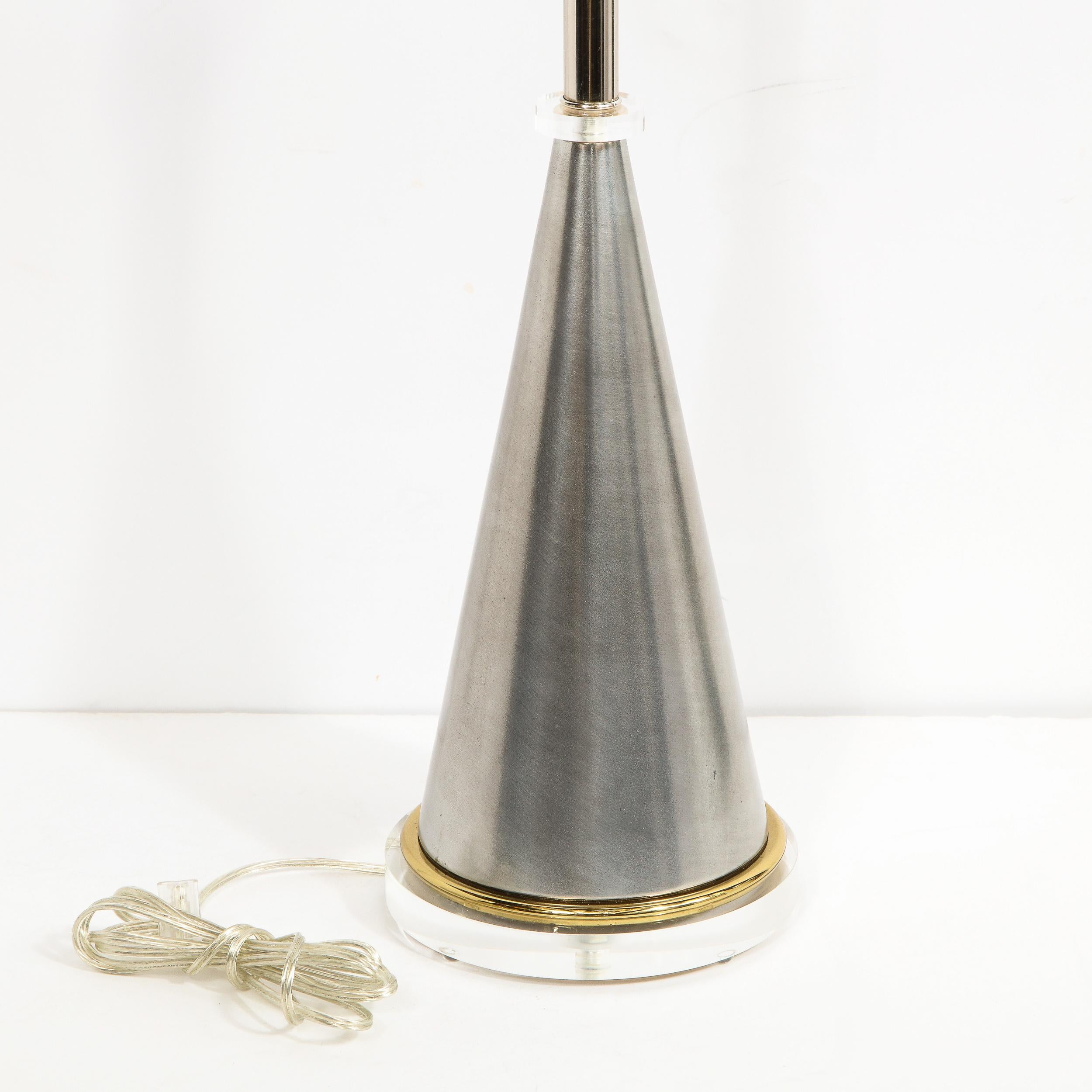 Midcentury Brushed Aluminum, Brass and Translucent Lucite Conical Table Lamps 11