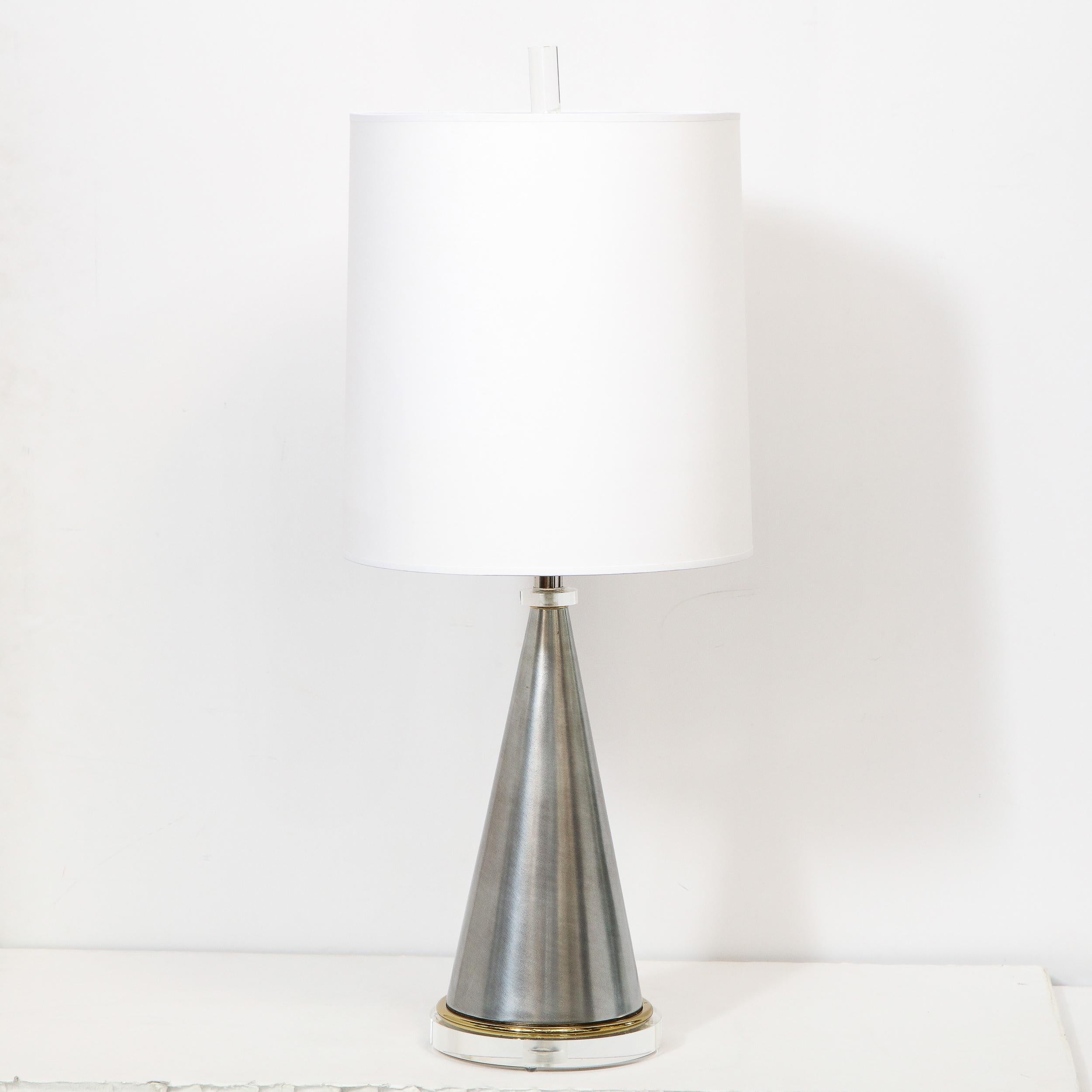 American Midcentury Brushed Aluminum, Brass and Translucent Lucite Conical Table Lamps