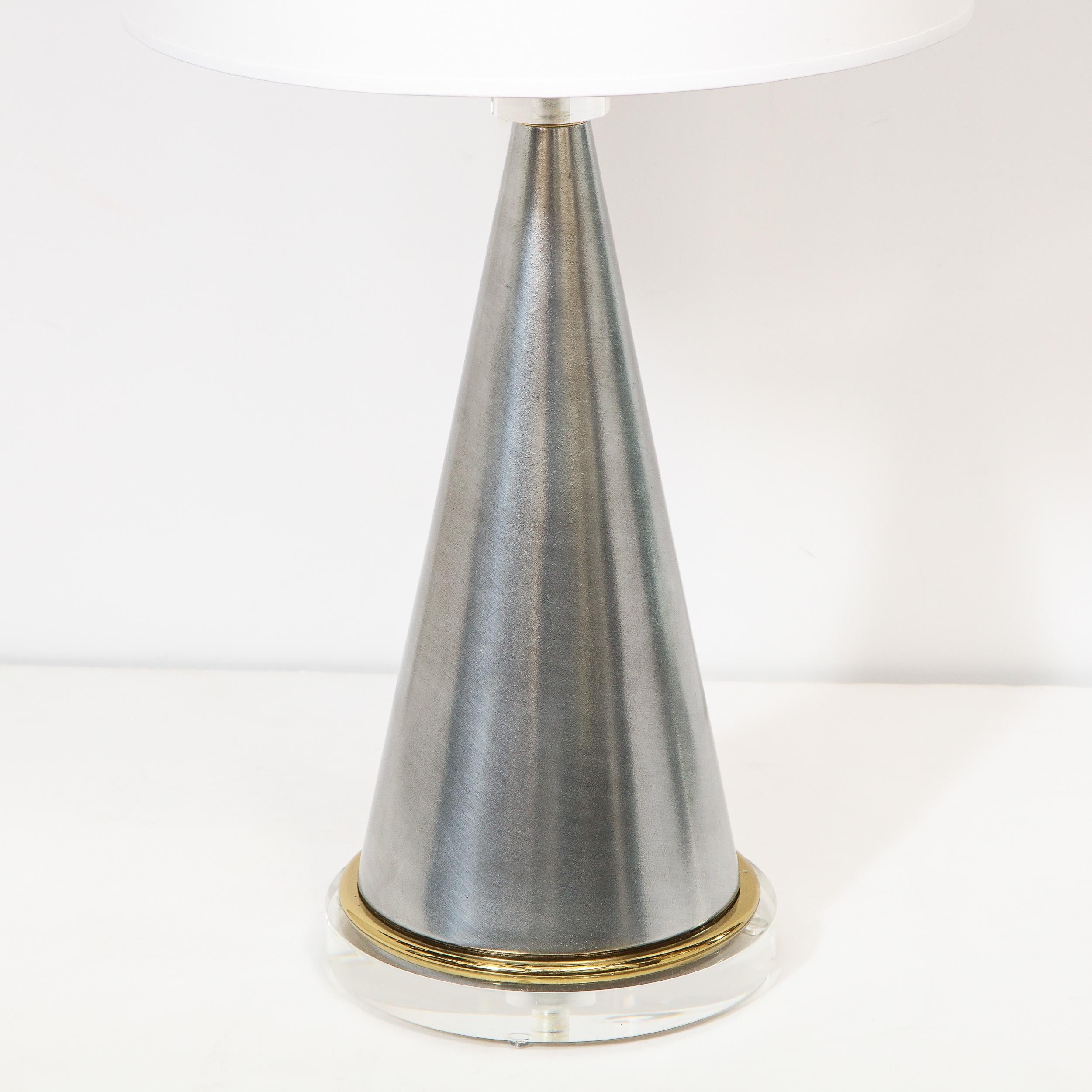 Midcentury Brushed Aluminum, Brass and Translucent Lucite Conical Table Lamps In Excellent Condition In New York, NY