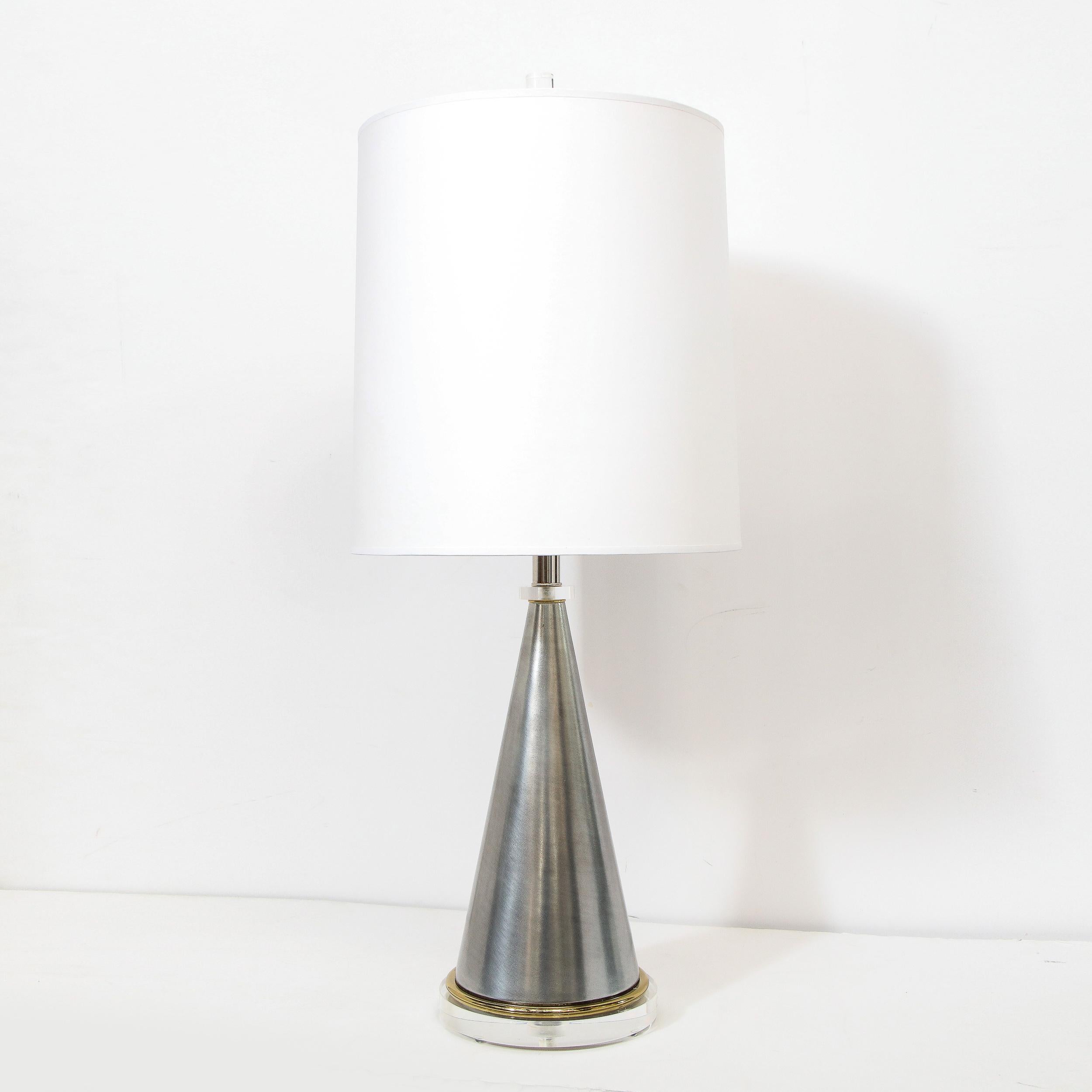 Mid-20th Century Midcentury Brushed Aluminum, Brass and Translucent Lucite Conical Table Lamps