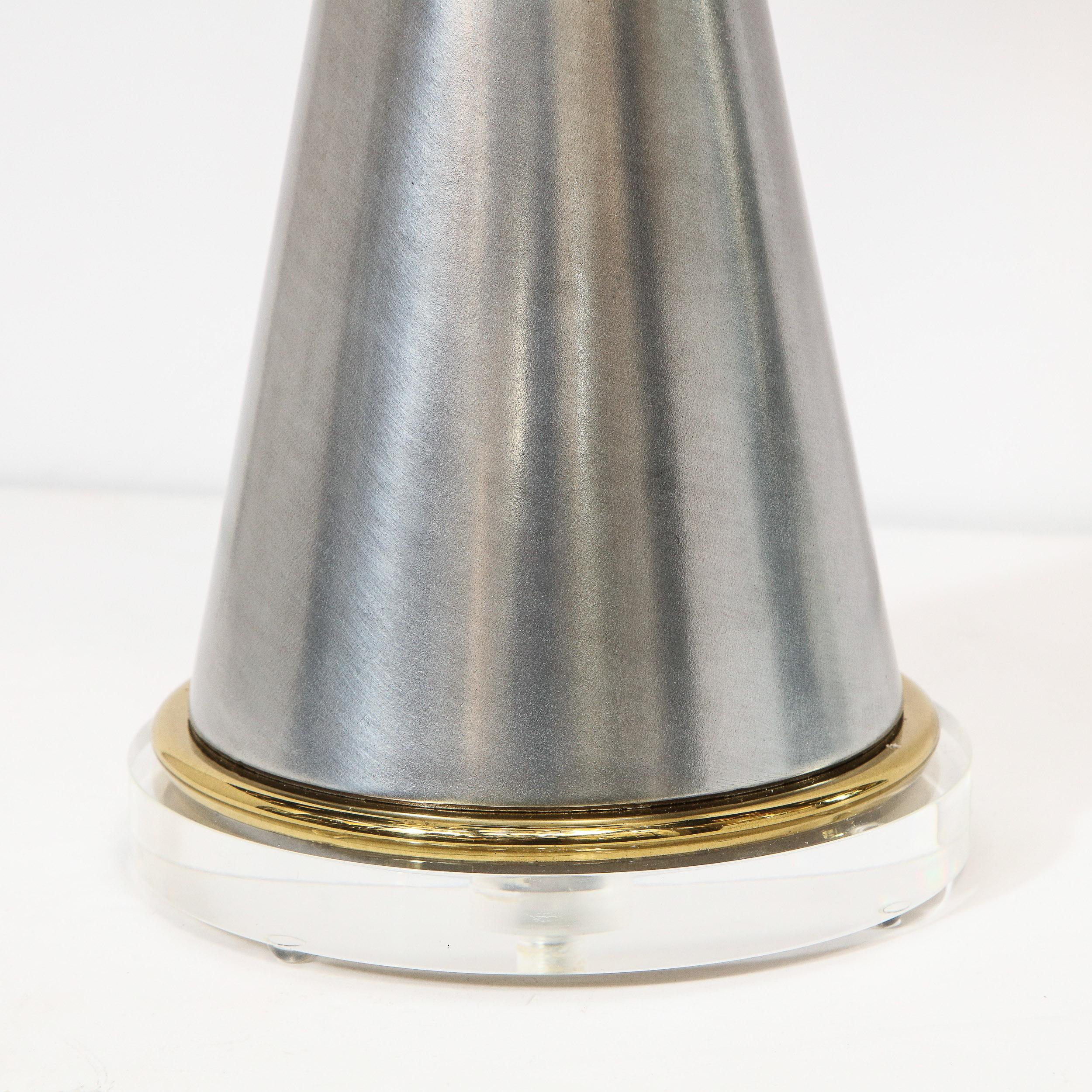 Midcentury Brushed Aluminum, Brass and Translucent Lucite Conical Table Lamps 1