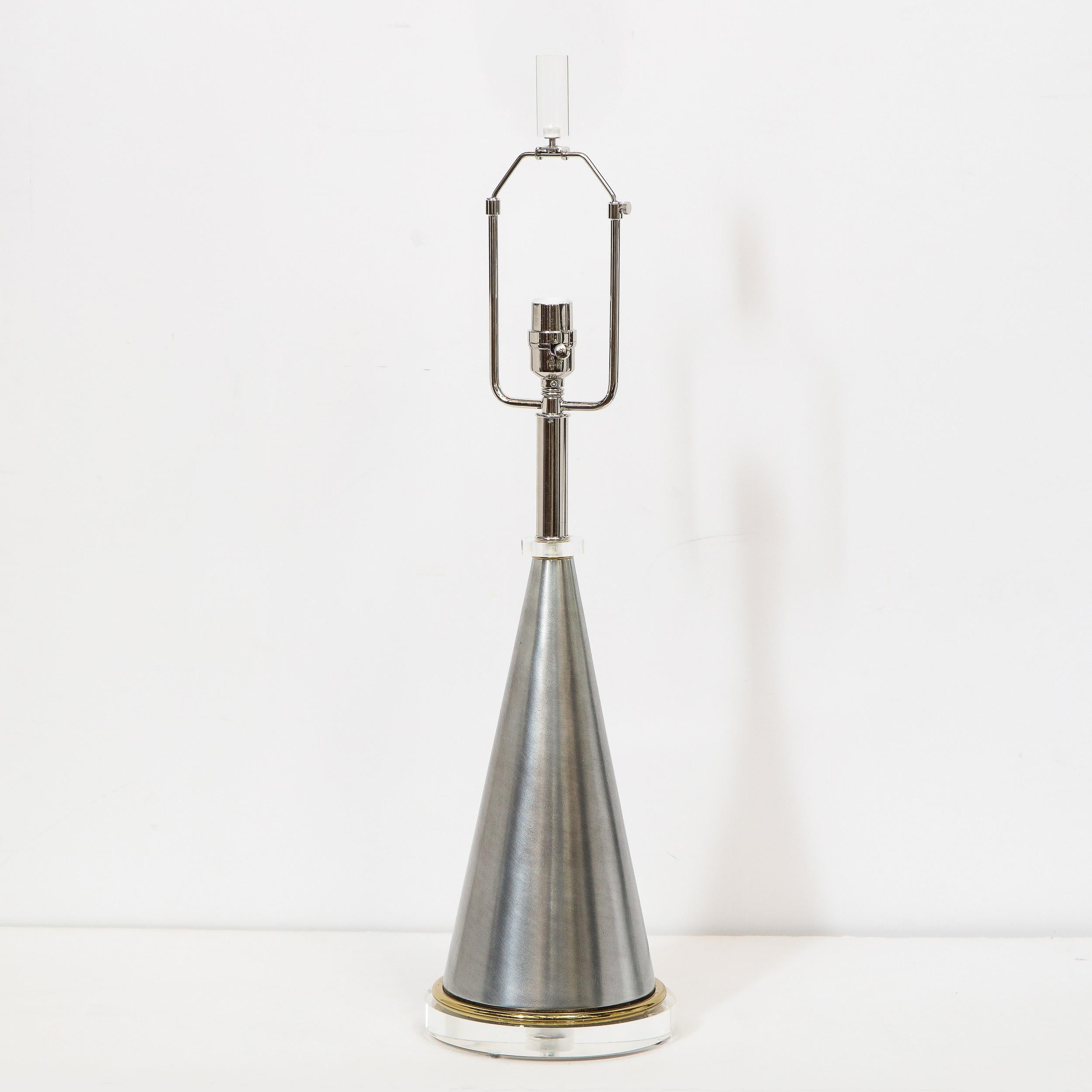 Midcentury Brushed Aluminum, Brass and Translucent Lucite Conical Table Lamps 2